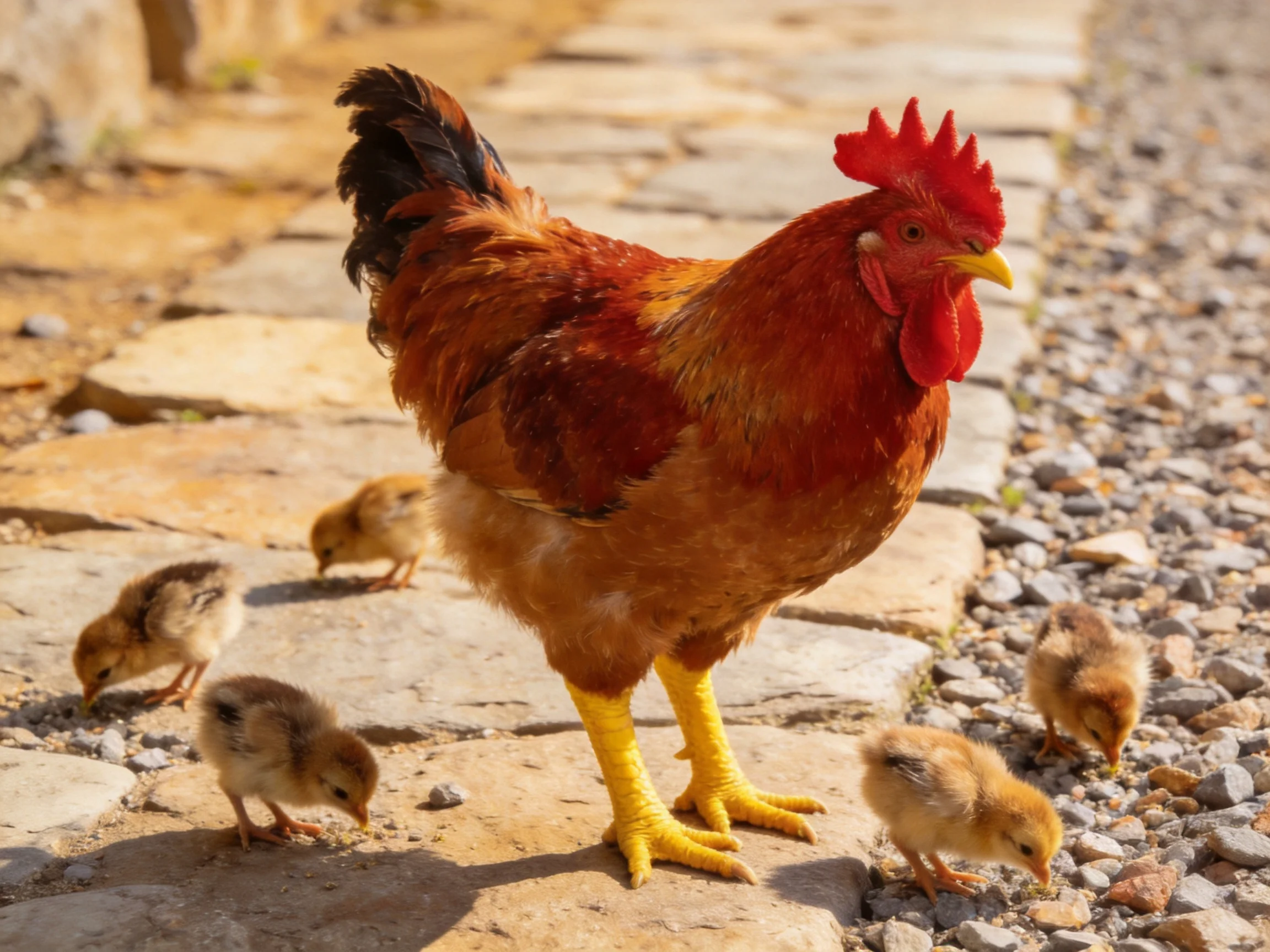 A rooster with a red comb and yellow legs stands near small brown chicks on stone pavement.