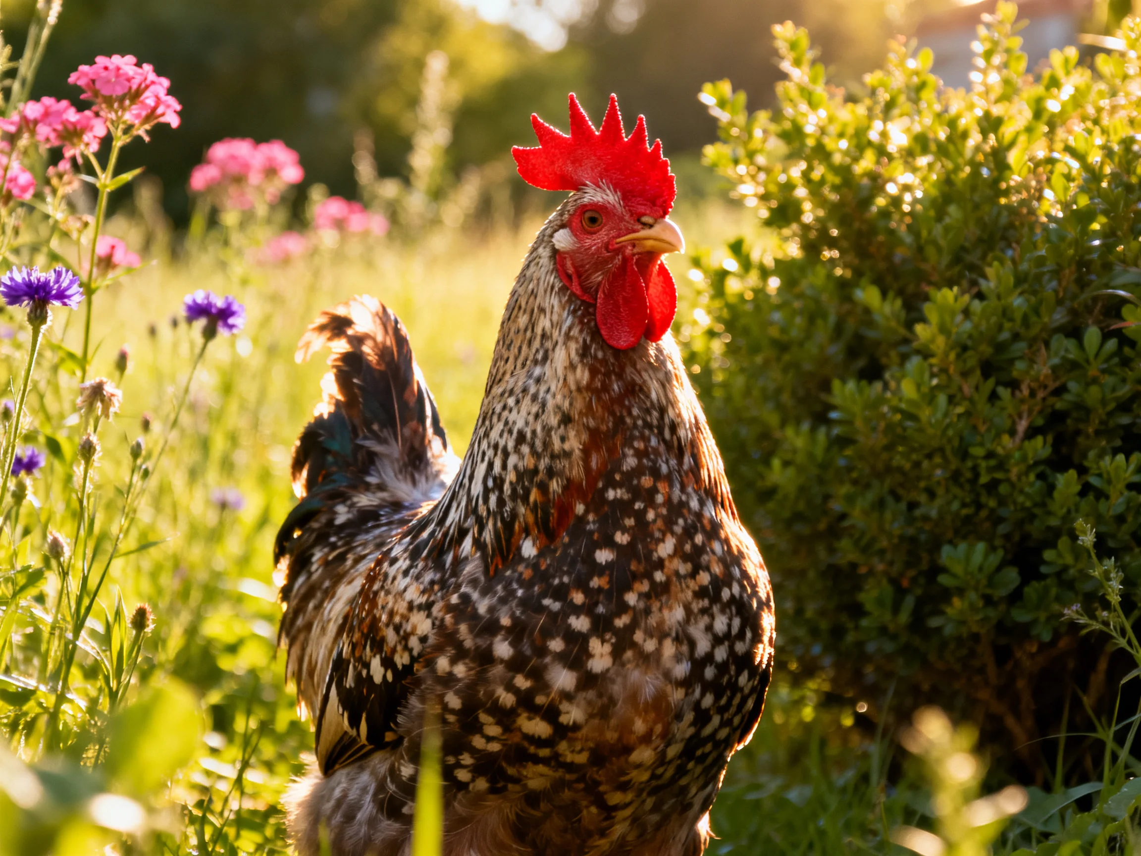 A red-combed speckled chicken standing among pink and purple flowers