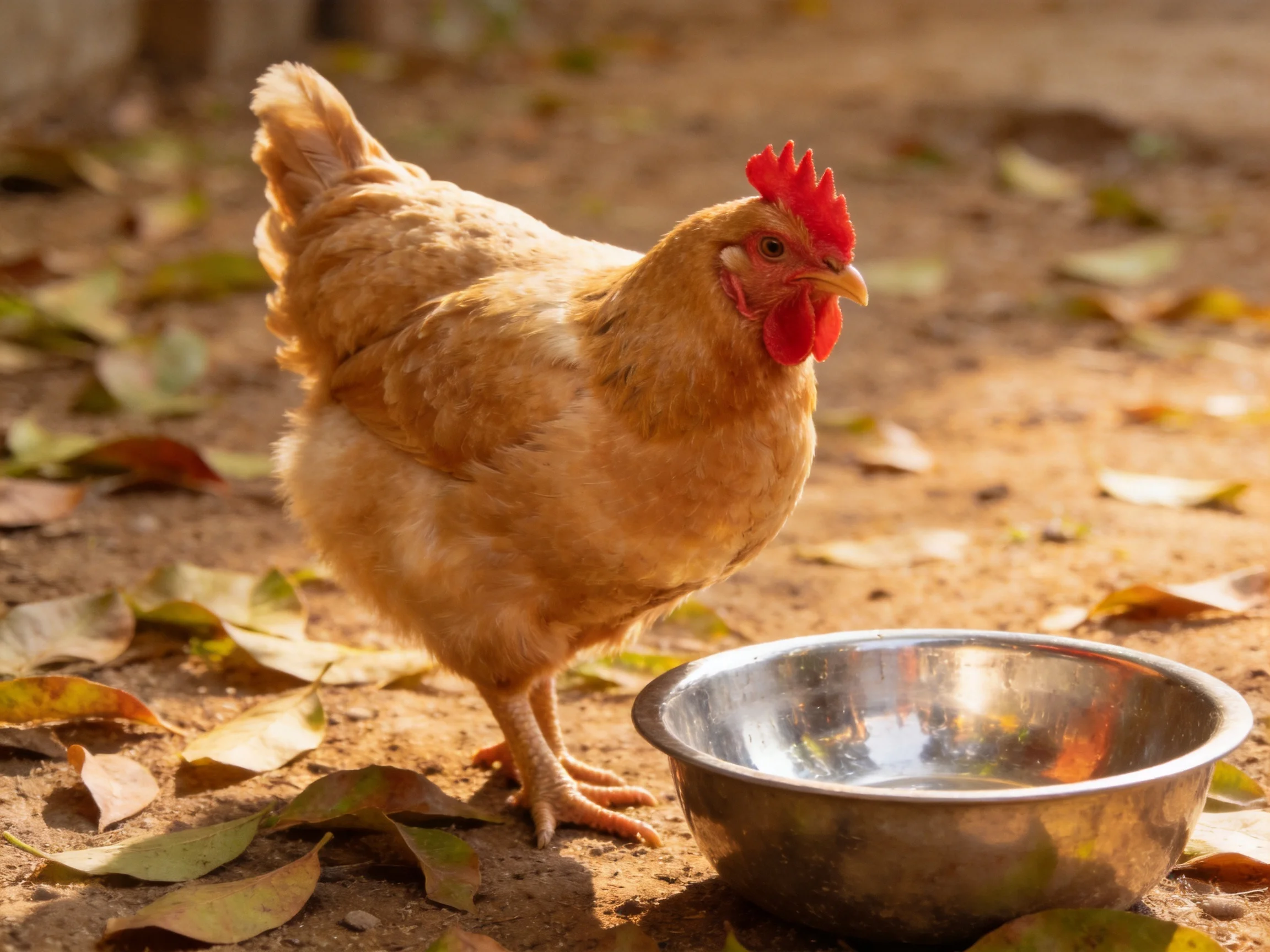 A redd-combed hen stands beside a metal bowl on leafy dirt