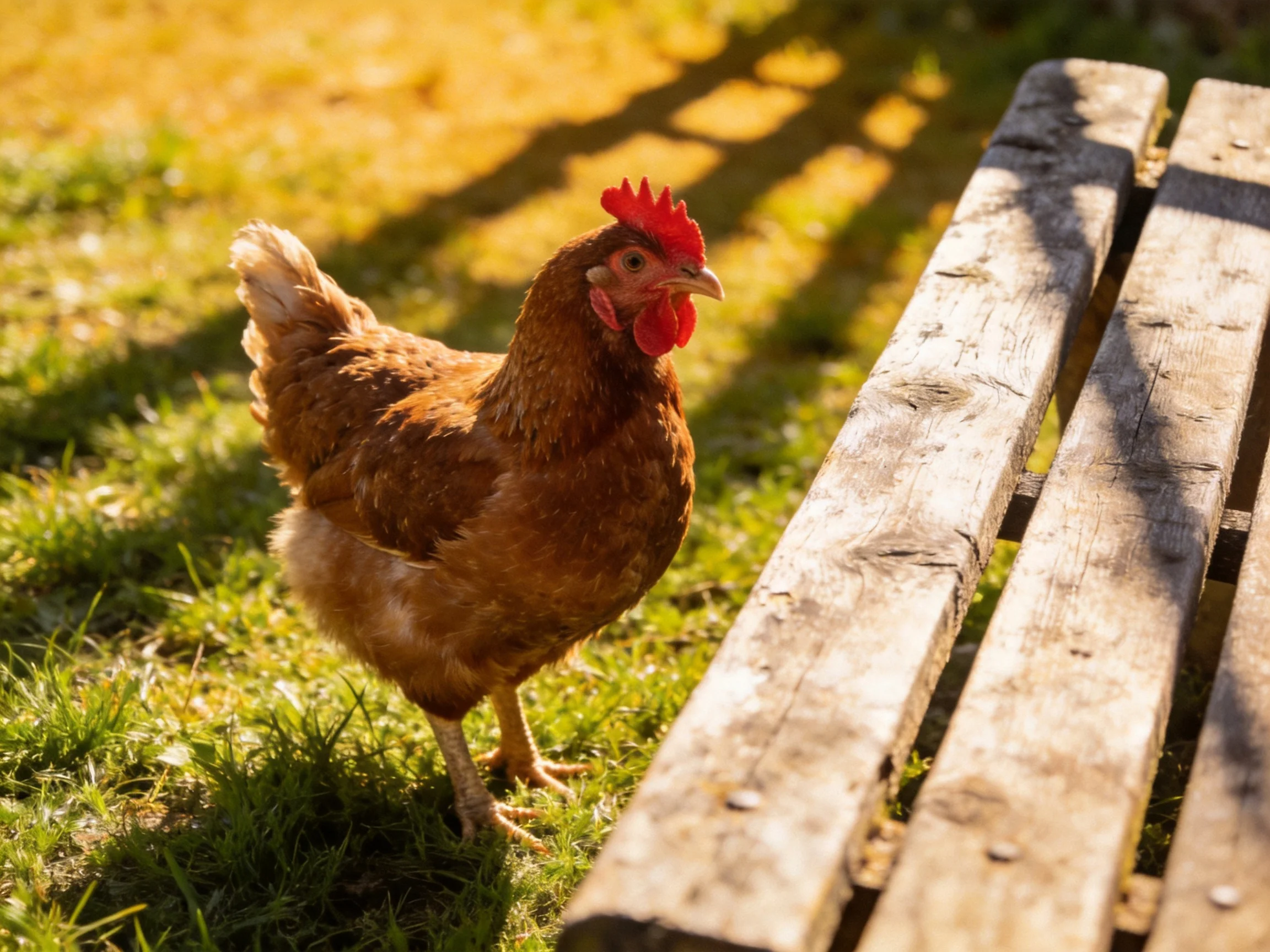 A reddish-b brown hen near weathered wooden planks on sunlit grass