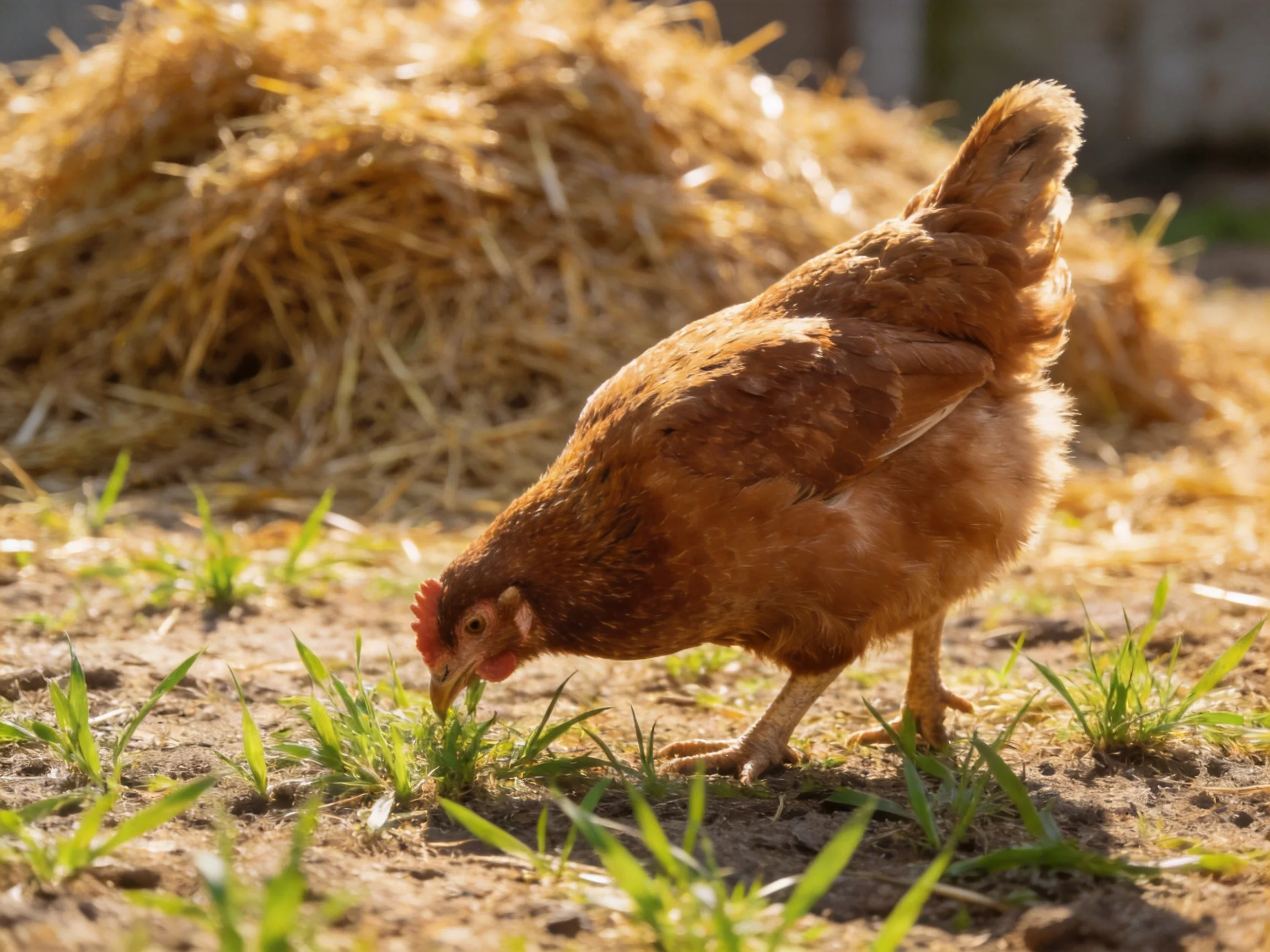 A reddish-brown chicken forages near golden straw piles on a sunny day
