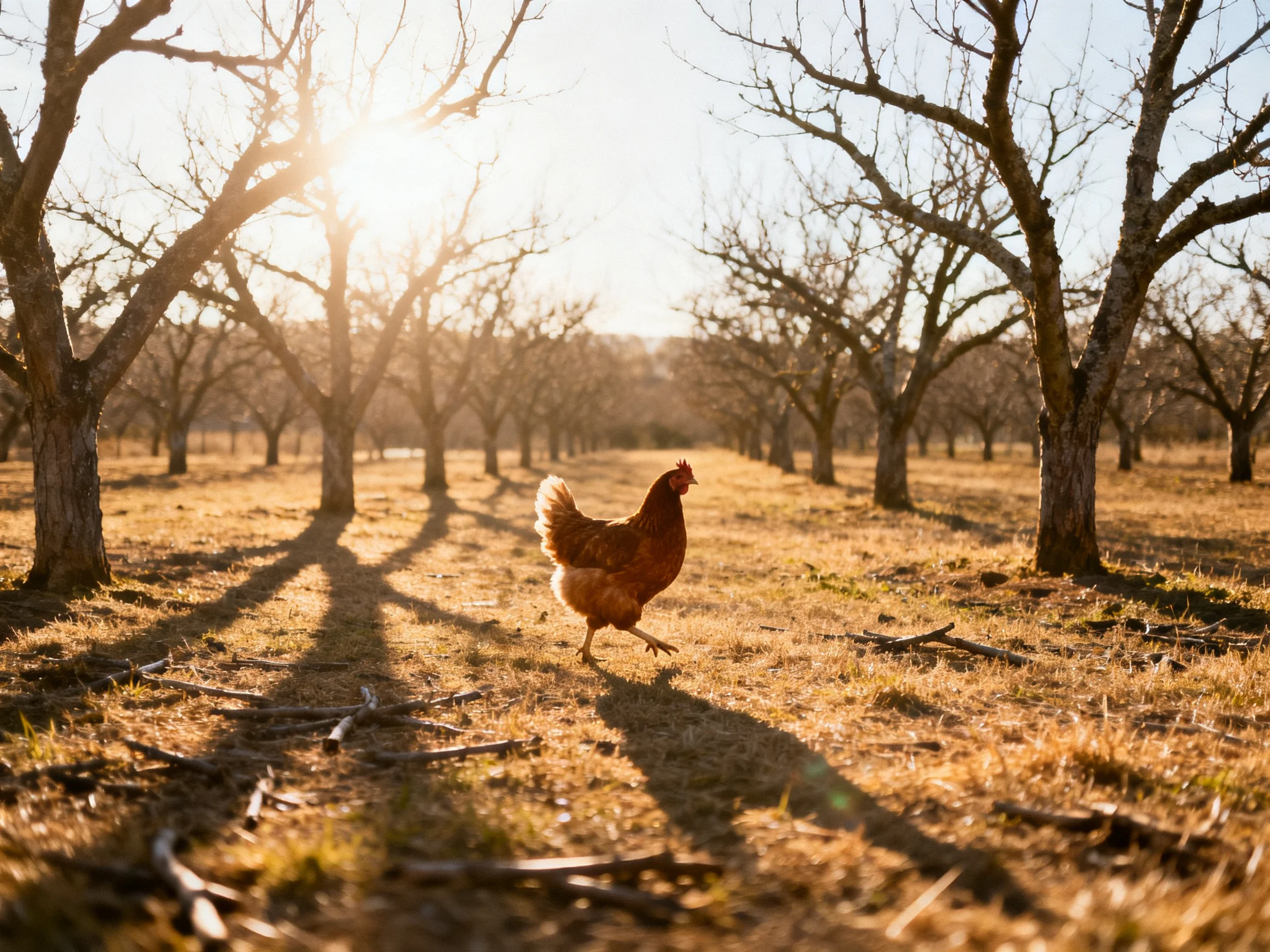 A reddish-brown chicken roams a sunlit orchard with leafless trees