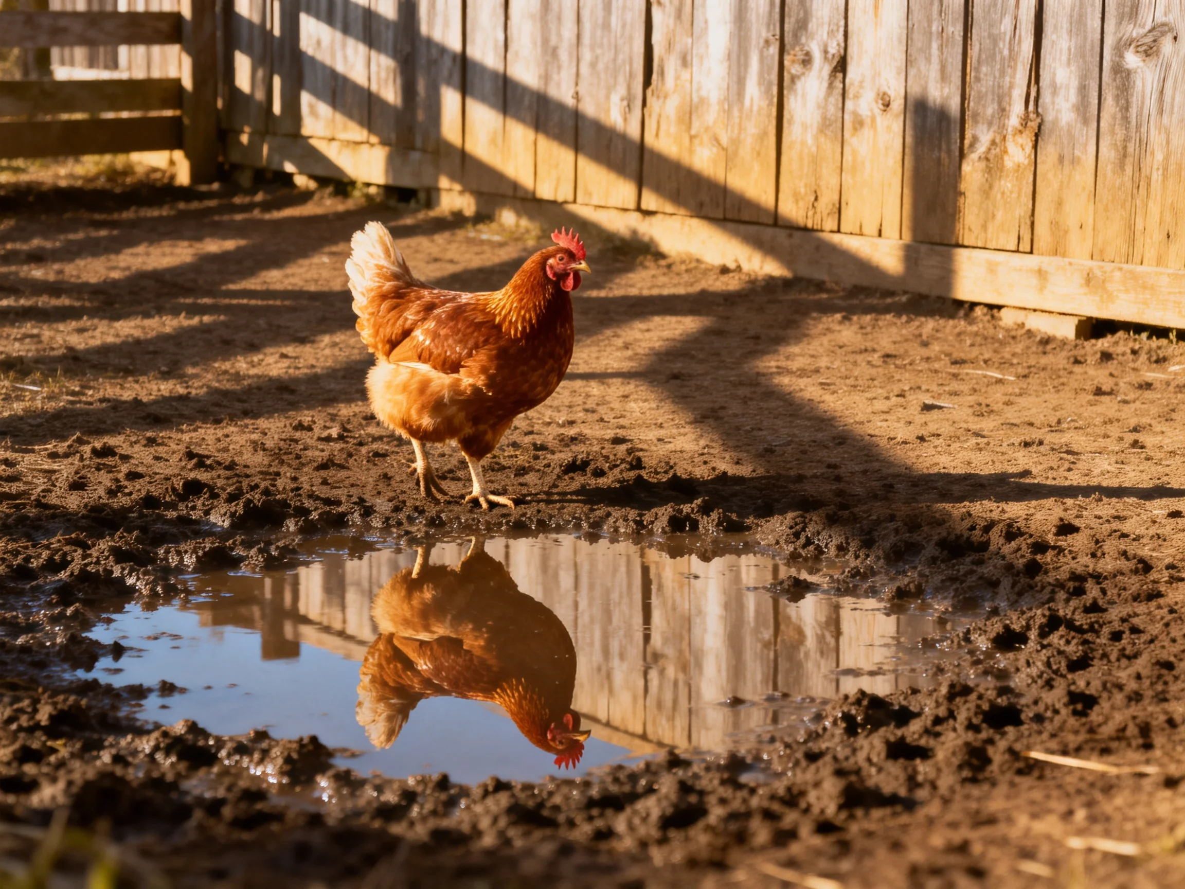 A reddish-brown chicken stands by a reflective puddle near an aged wooden fence