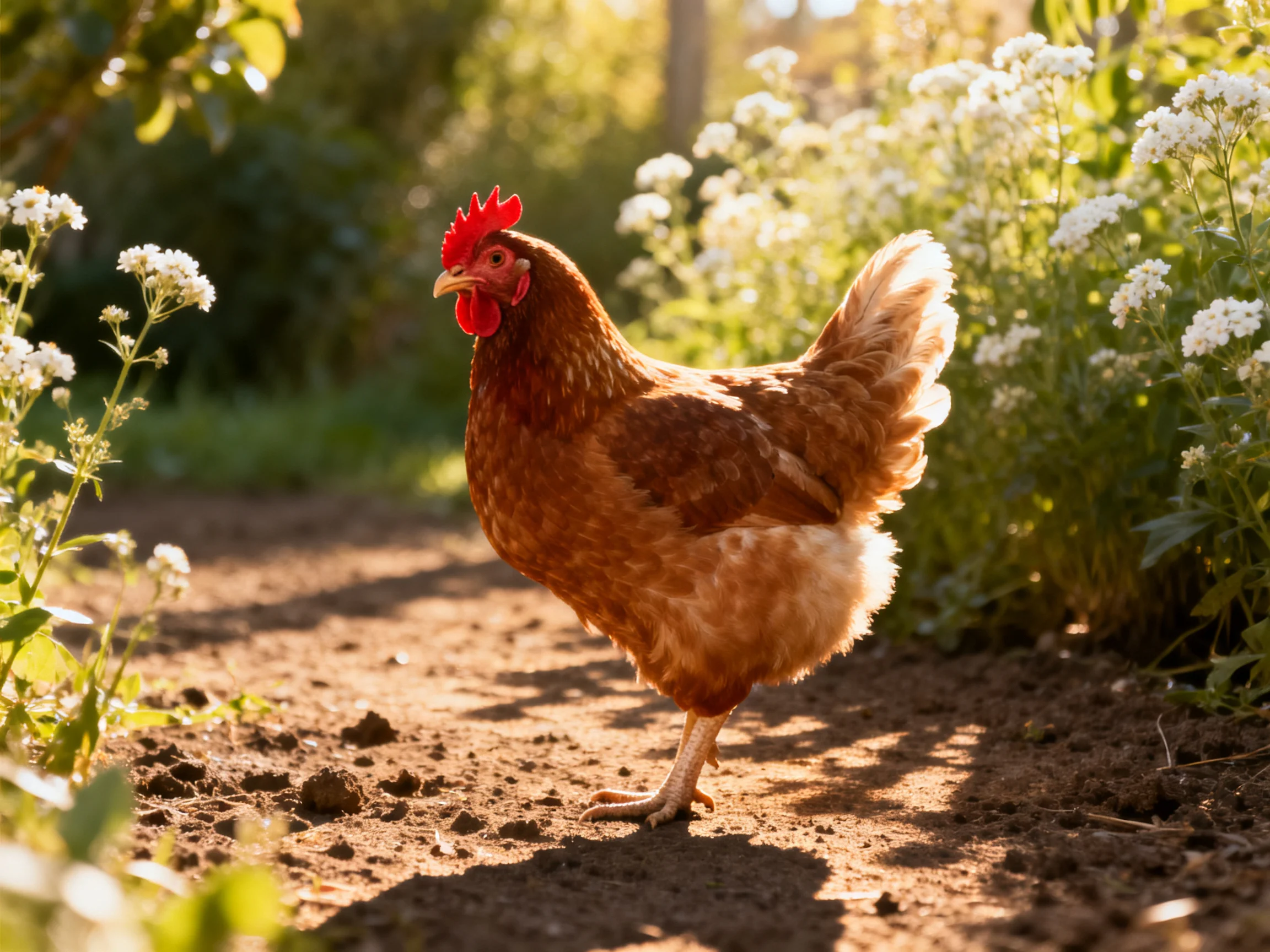 A reddish - brown chicken stands on a sunlit dirt path beside white flowering plants