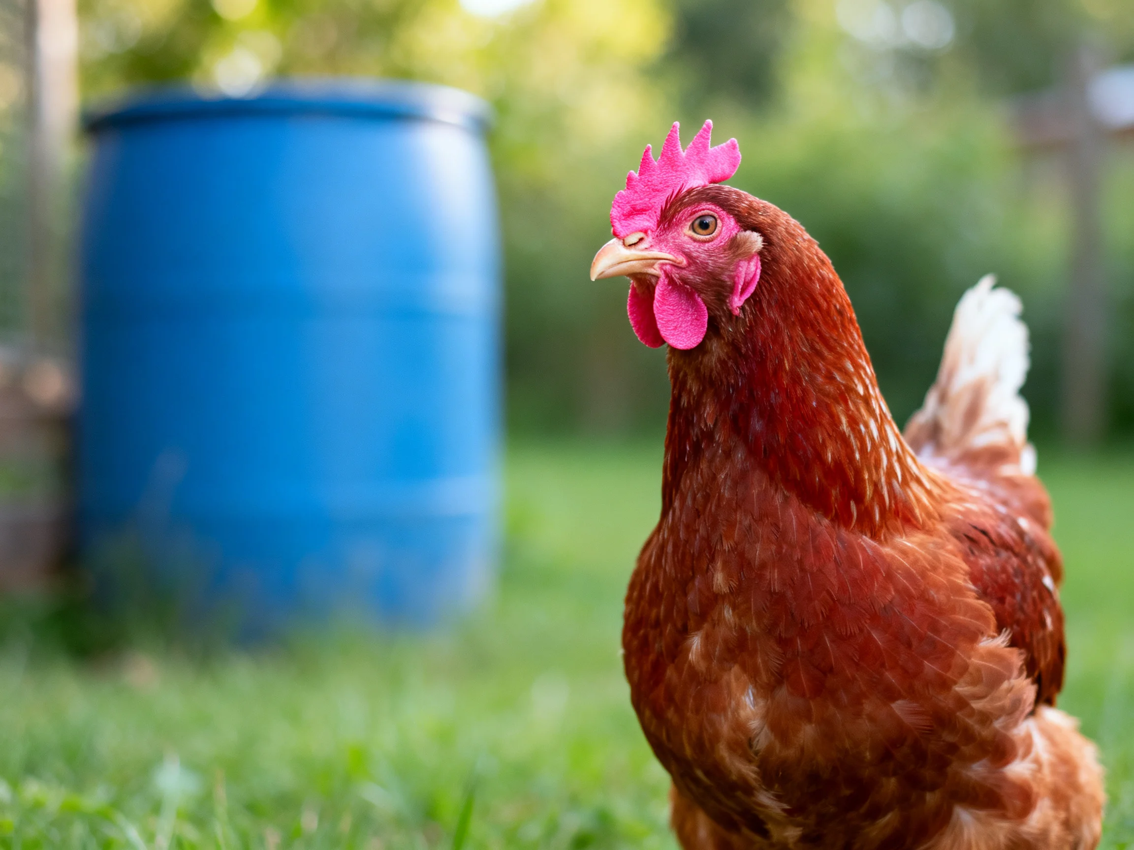 A reddish-brown chicken with pink comb stands beside a large blue barrel outdoors
