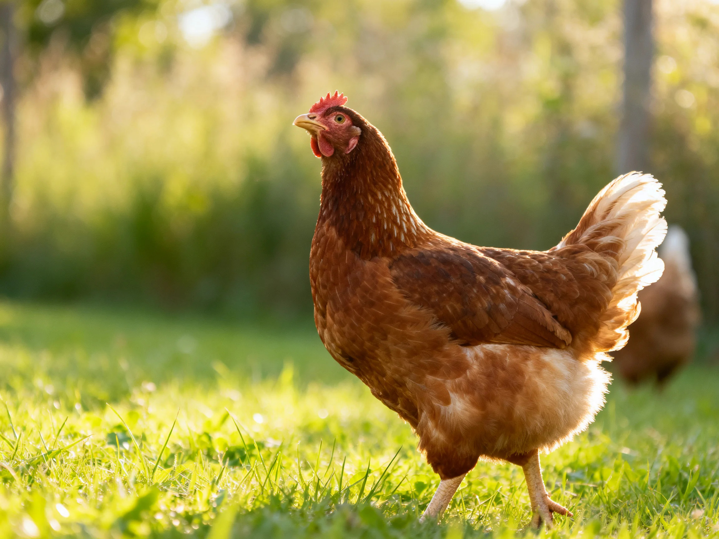 A reddish-brown chicken with red comb forages on sun-dappled green grass