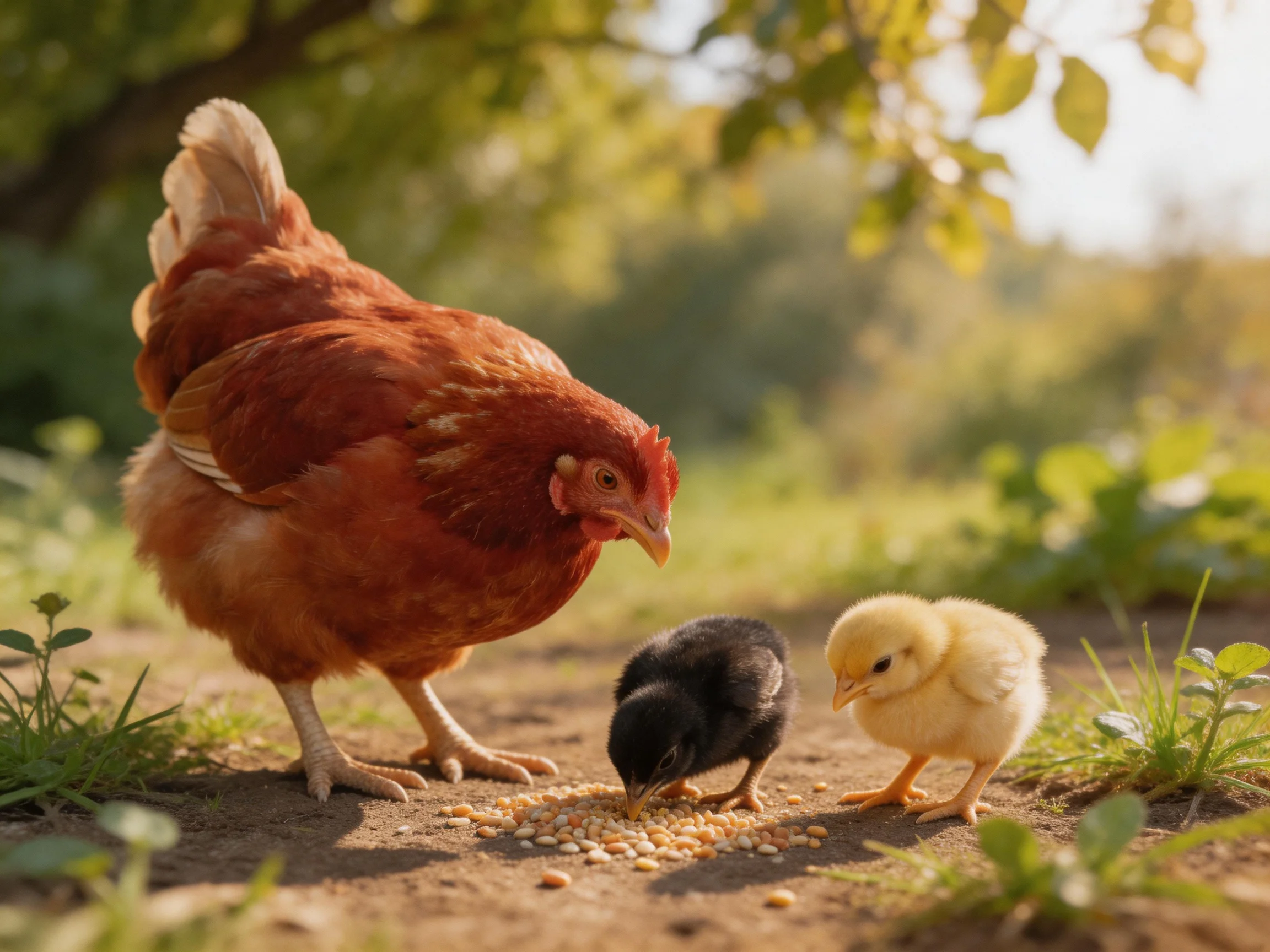 A reddish-brown hen and two chicks eat seeds in a sunlit outdoor area