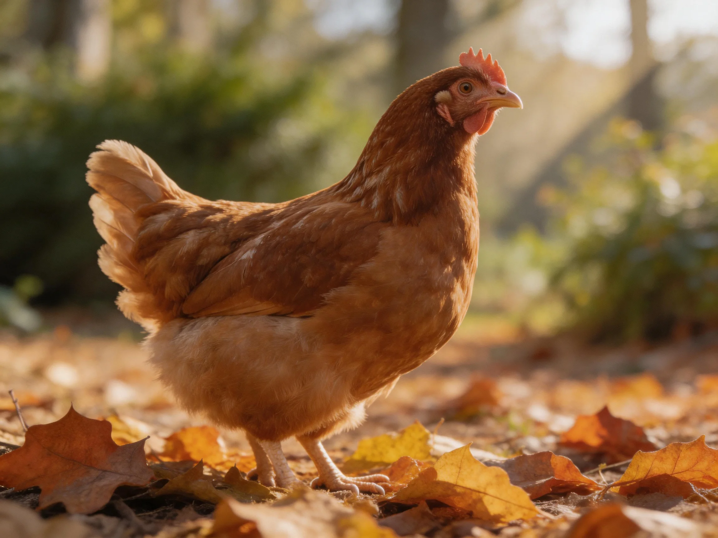 A reddish-brown hen explores a forest floor blanketed with golden autumn leaves