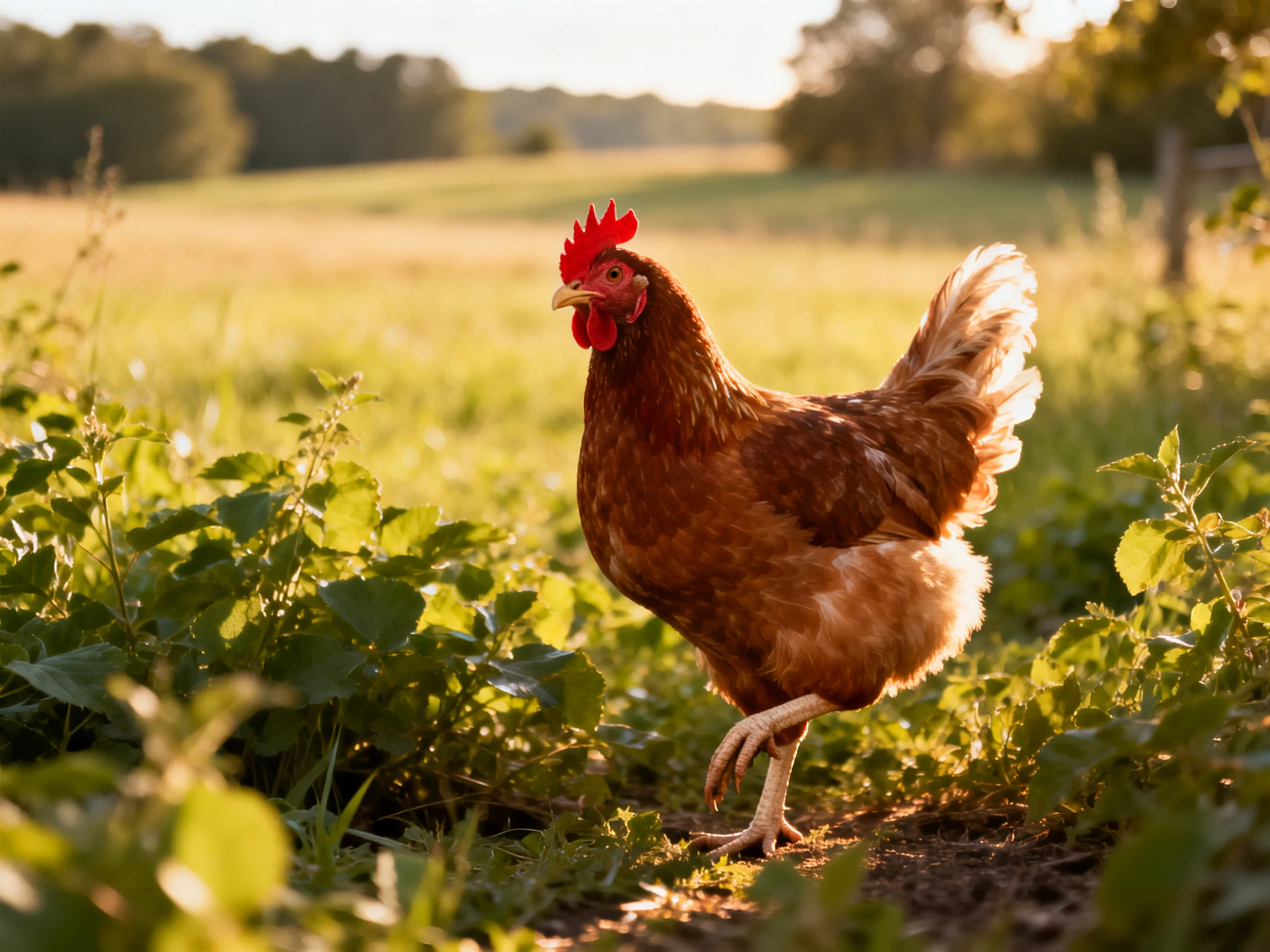 A reddish-brown hen explores sunlit green fields