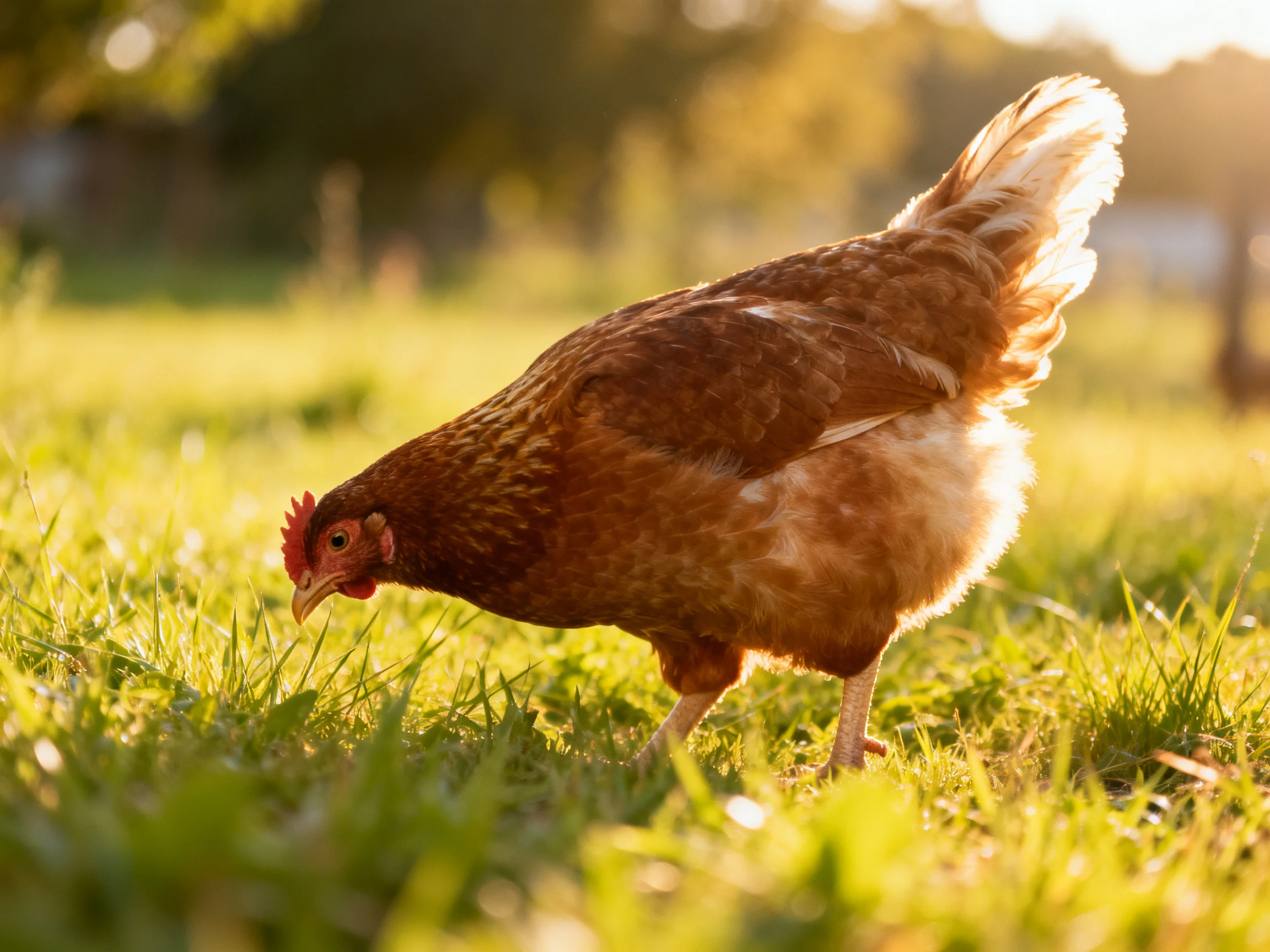 A reddish-brown hen forages in a sunlit grassy field