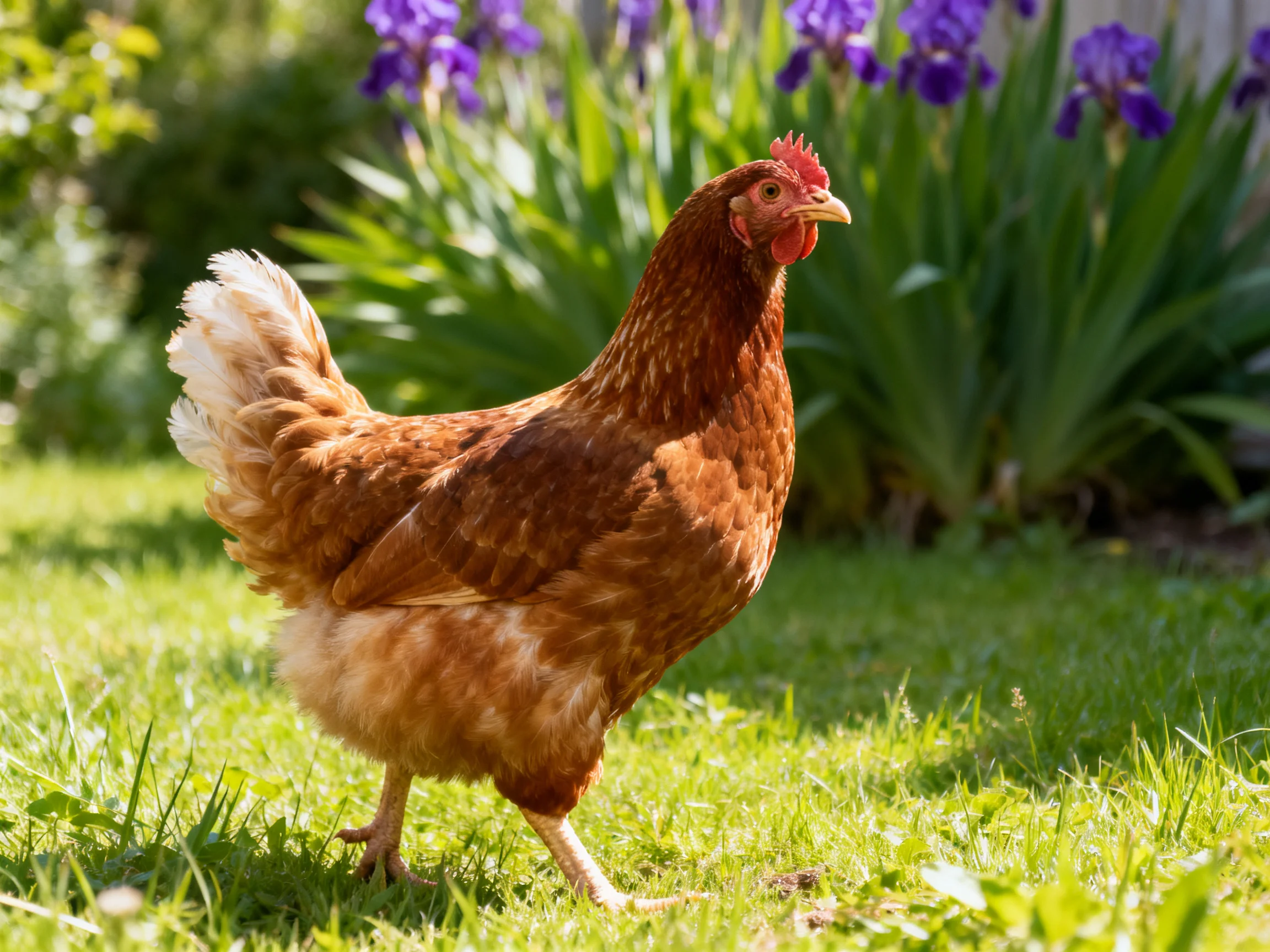 A reddish-brown hen forages on lush green grass beside vibrant purple irises