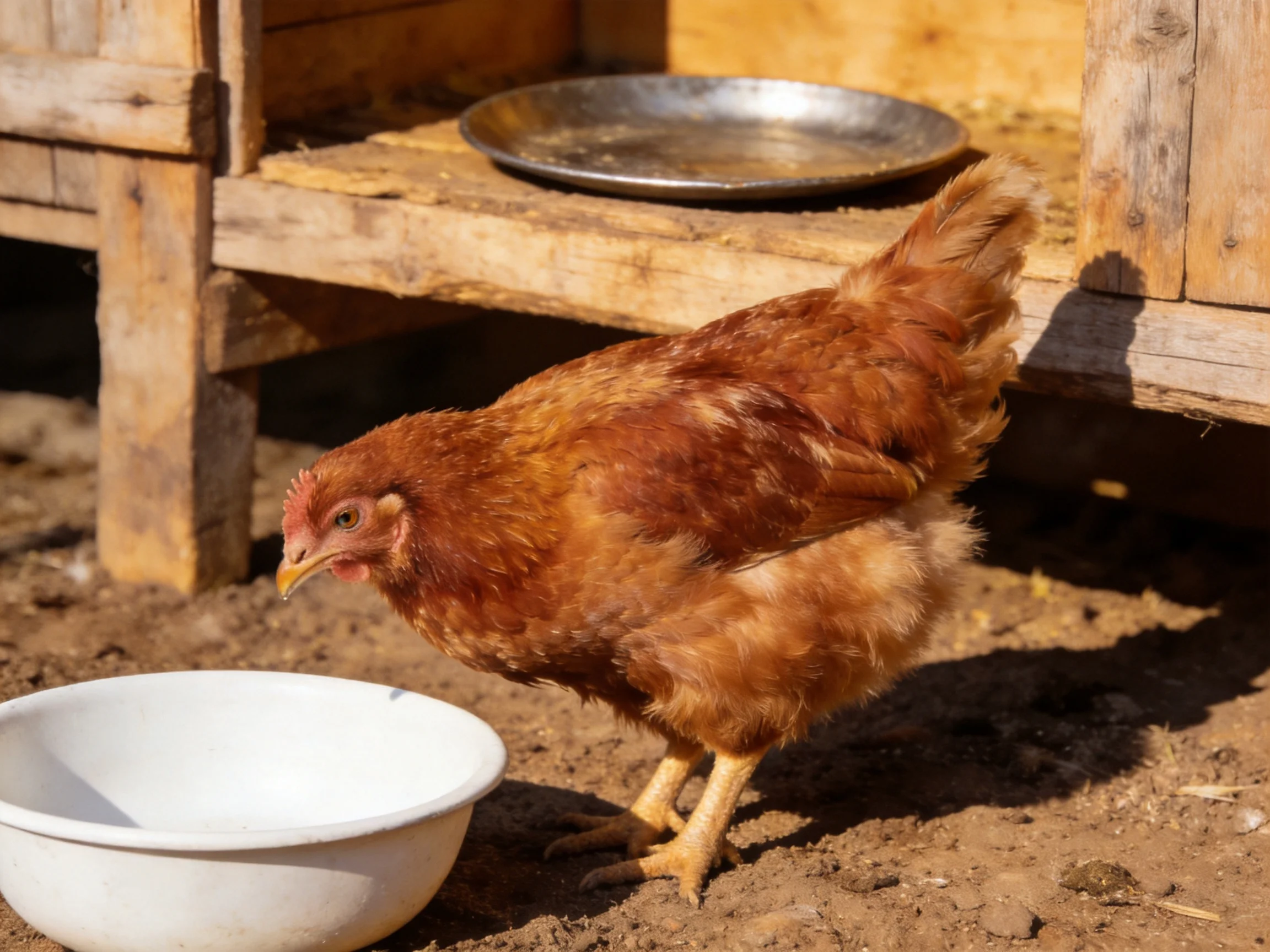 A reddish-brown hen approaches a white bowl outside a wooden structure.