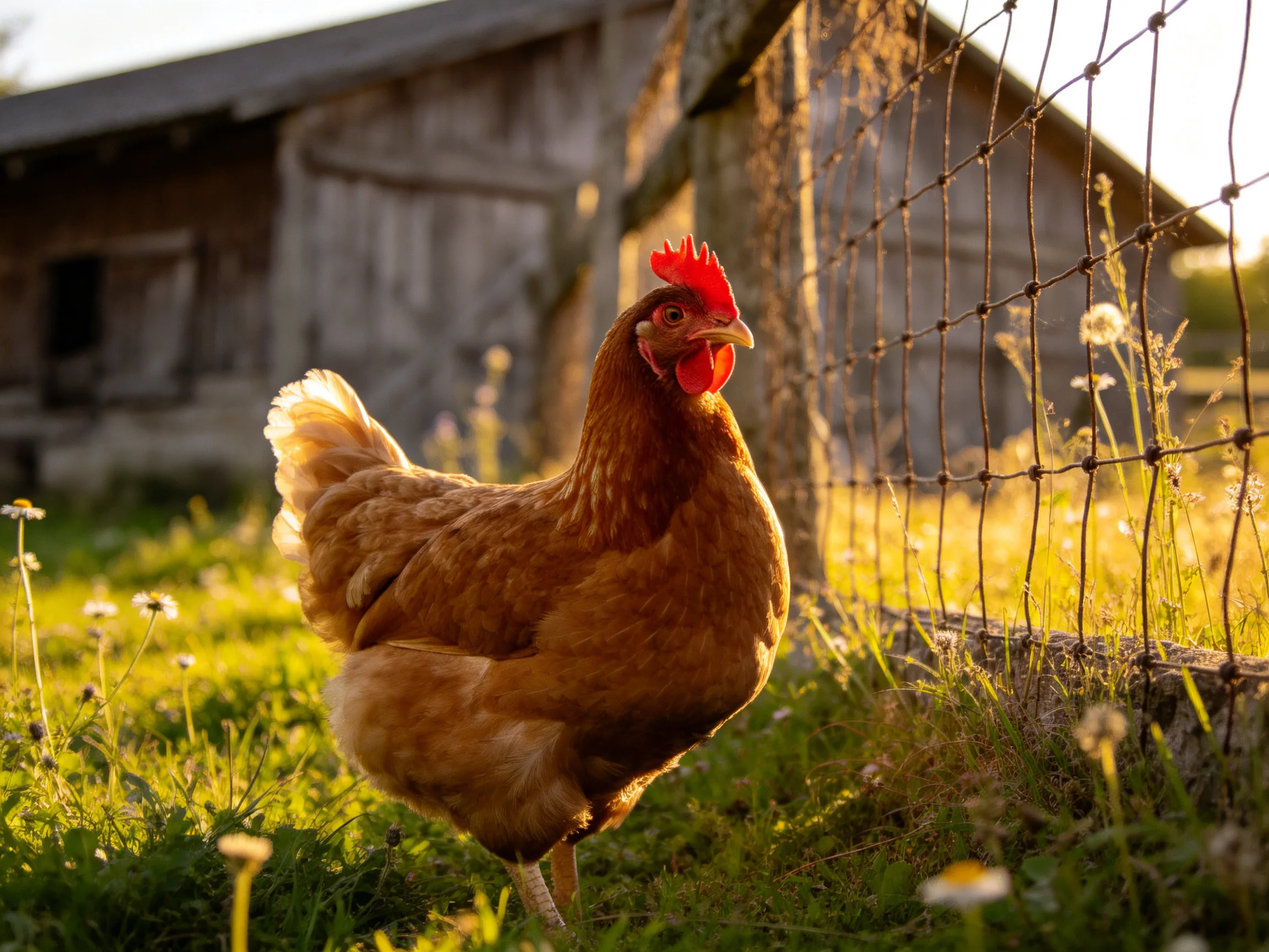 A reddish - brown hen near a wire fence by an old wooden barn