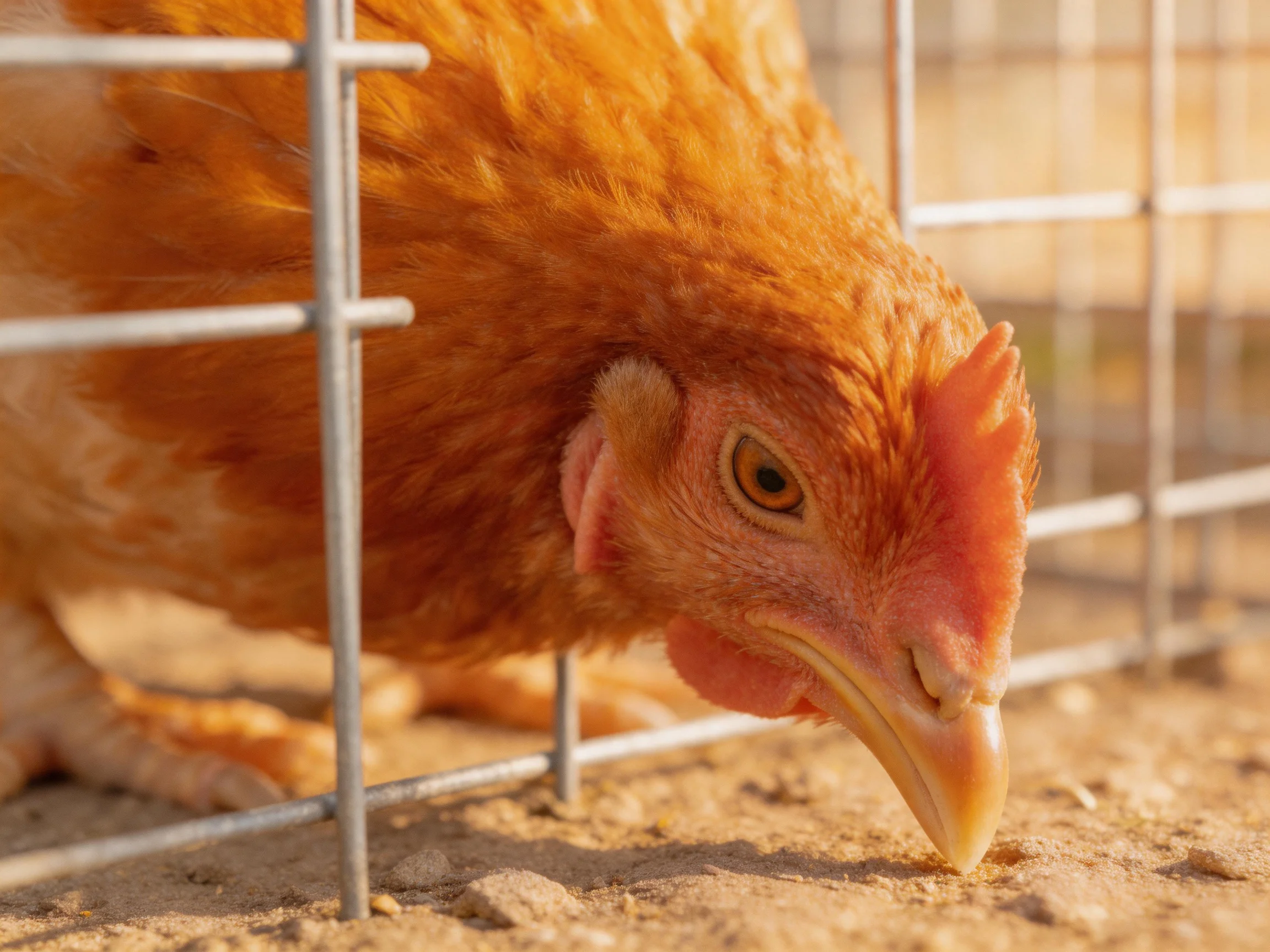 A reddish-brown hen pecking near metal cage bars on sandy ground