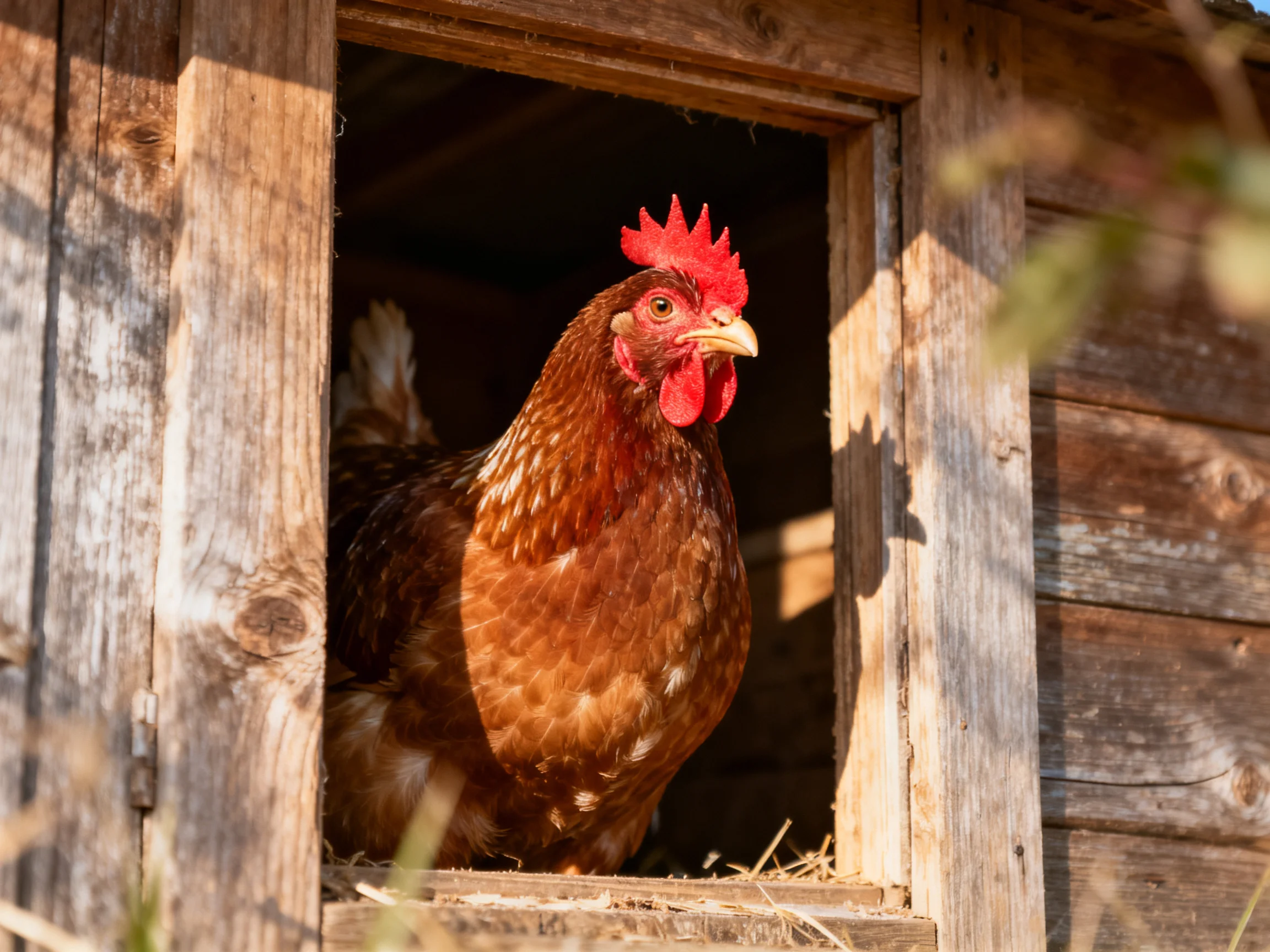 A reddish-brown hen peers out of a rustic wooden coop window