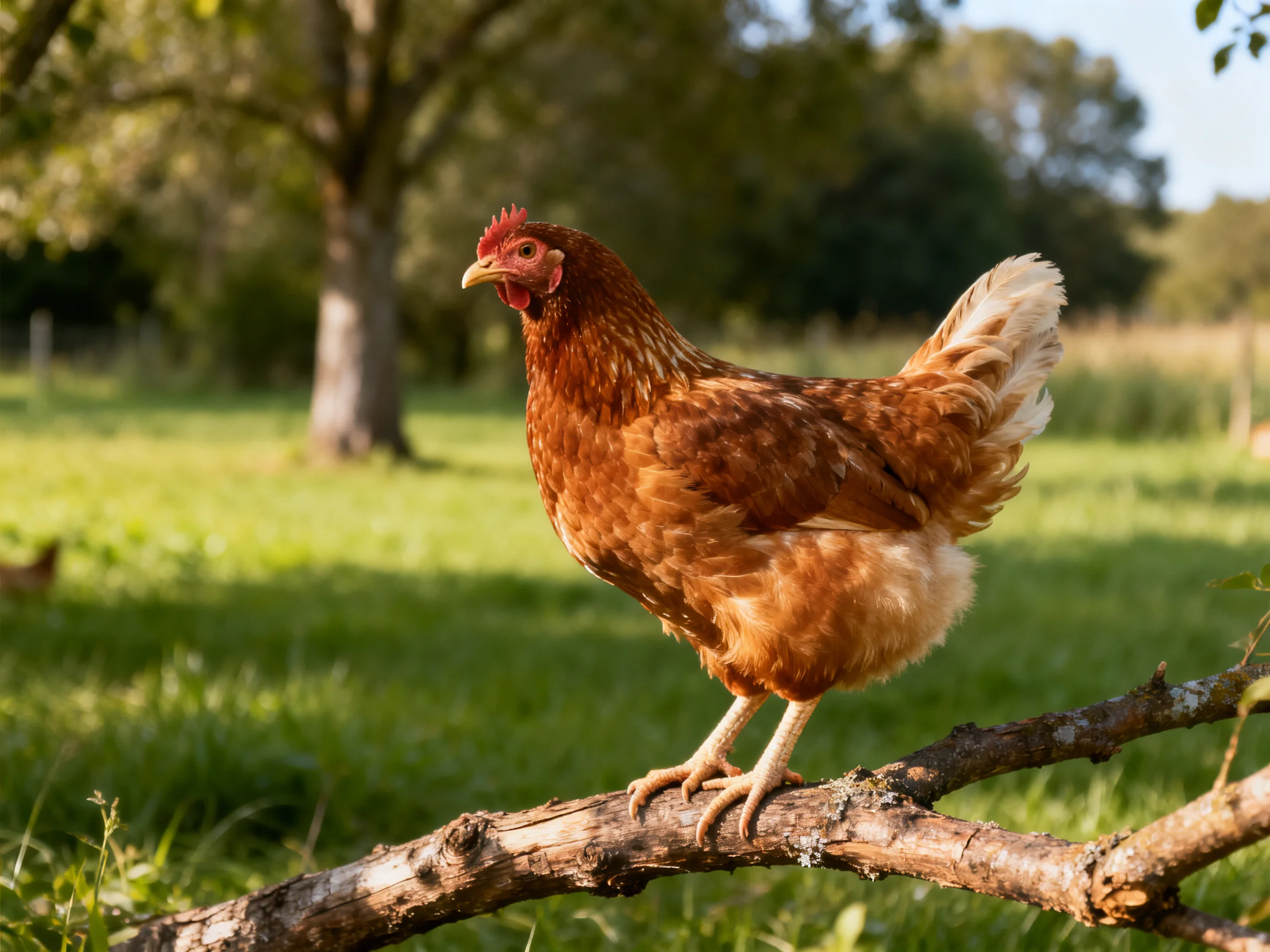 A reddish - brown hen perched on a weathered tree branch in a sunlit meadow