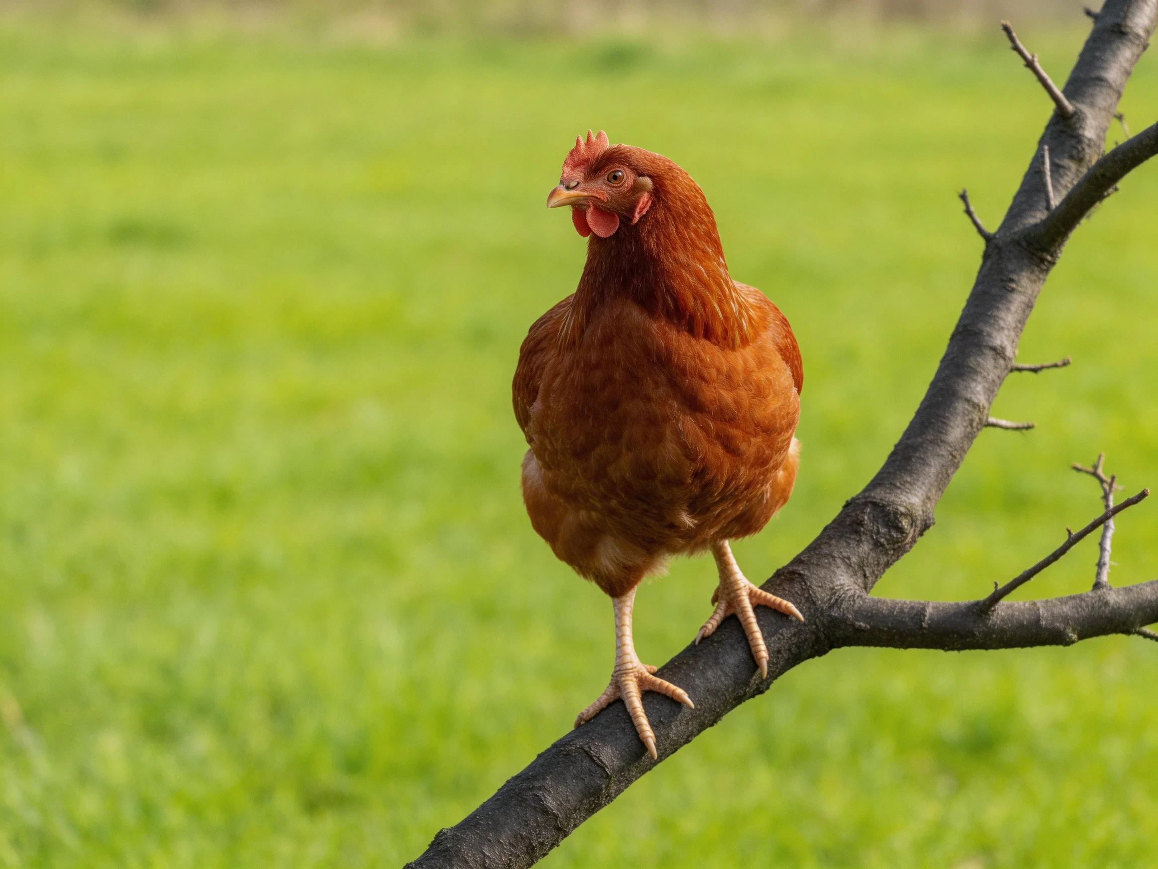 A reddish-brown hen perches on a dark tree branch over green grass