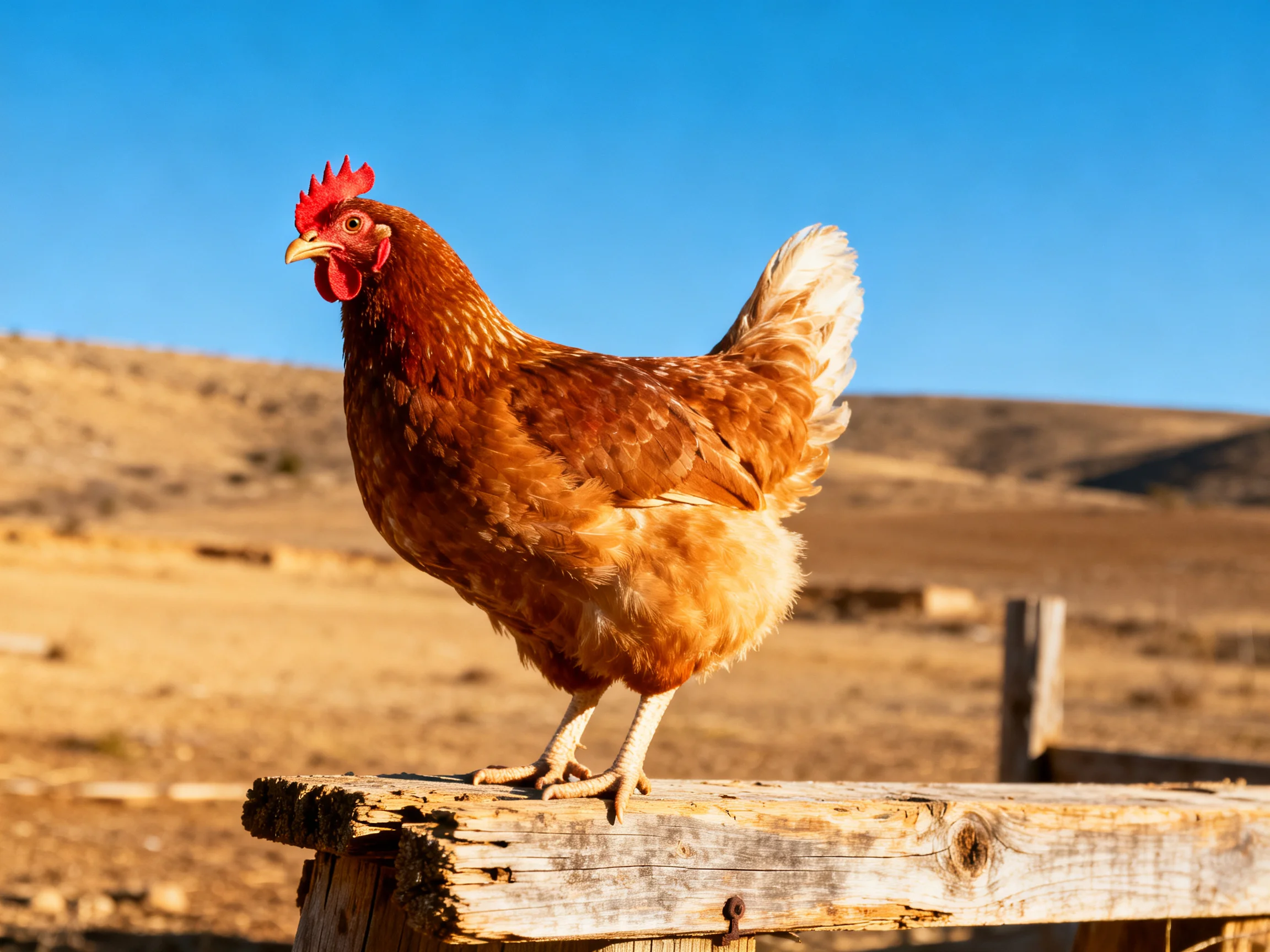 A reddish-brown hen perches on a weathered wooden fence amid an arid landscape.