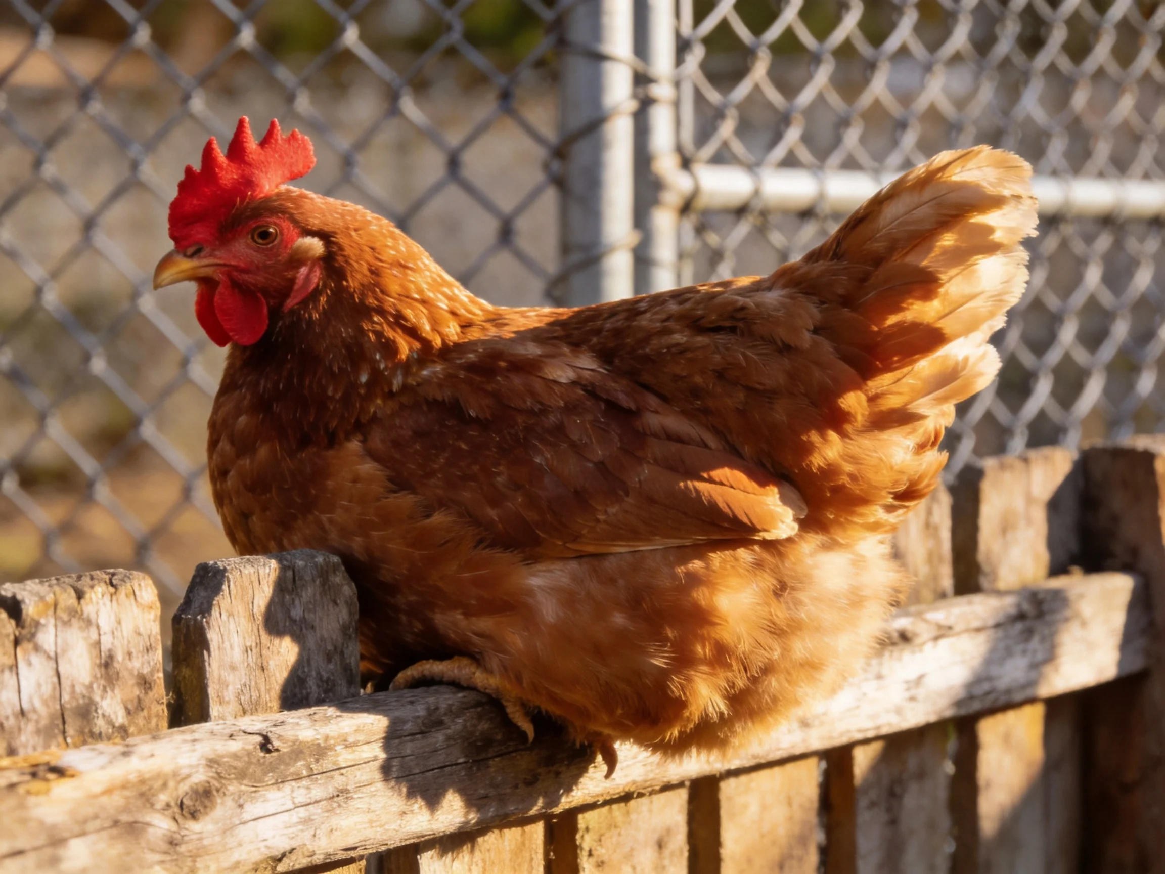 A reddish-brown hen perches on a weathered wooden fence near a chain-link enclosure