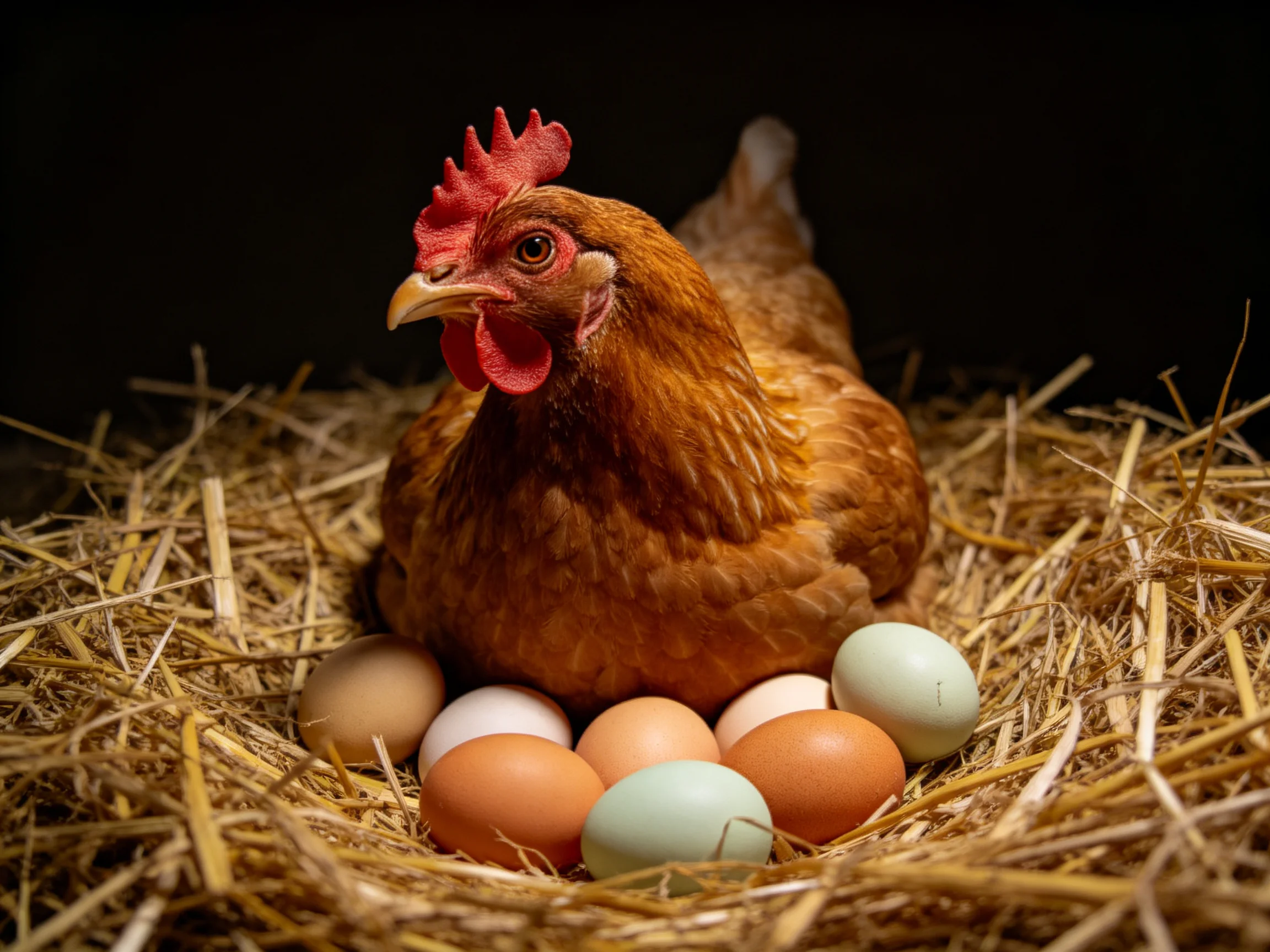 A reddish-brown hen resting near nine multicolored eggs in a straw nest