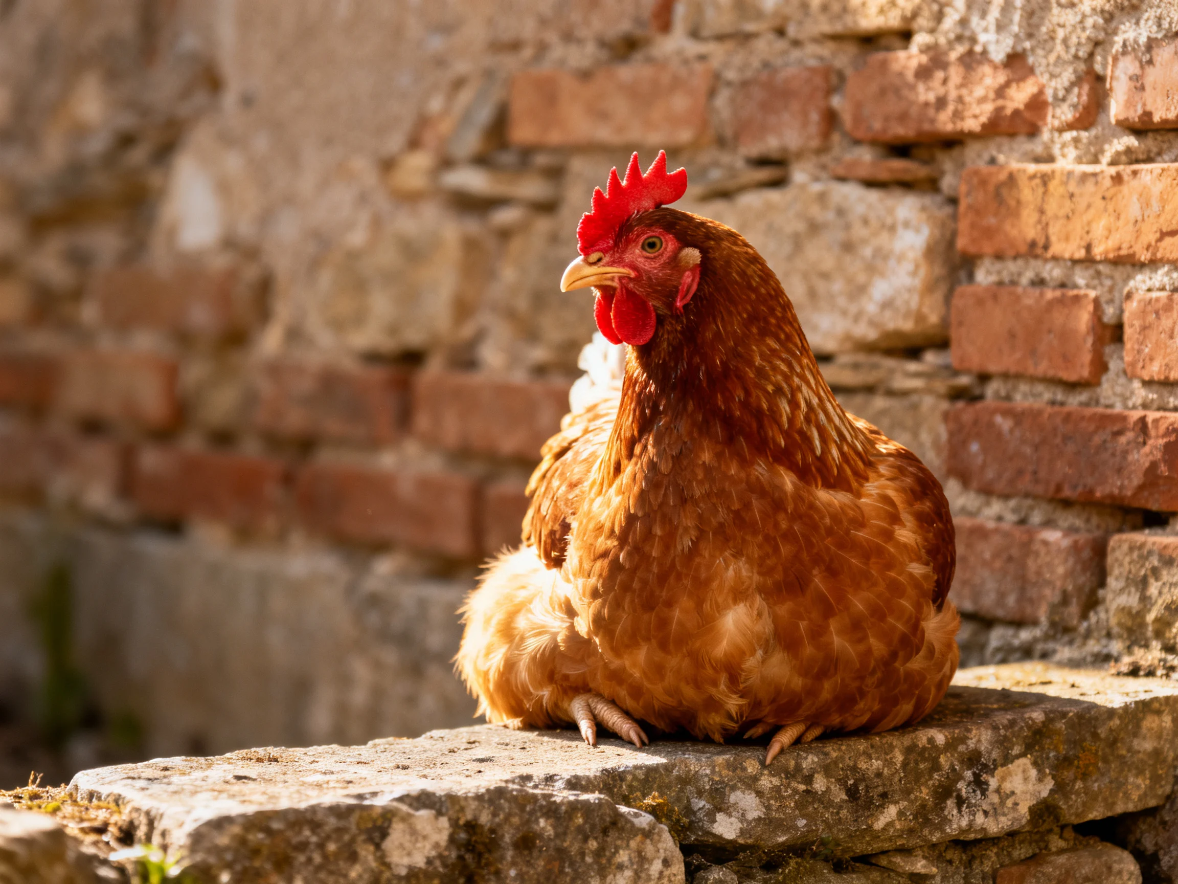 A reddish - brown hen resting on a weathered stone ledge near an old brick wall