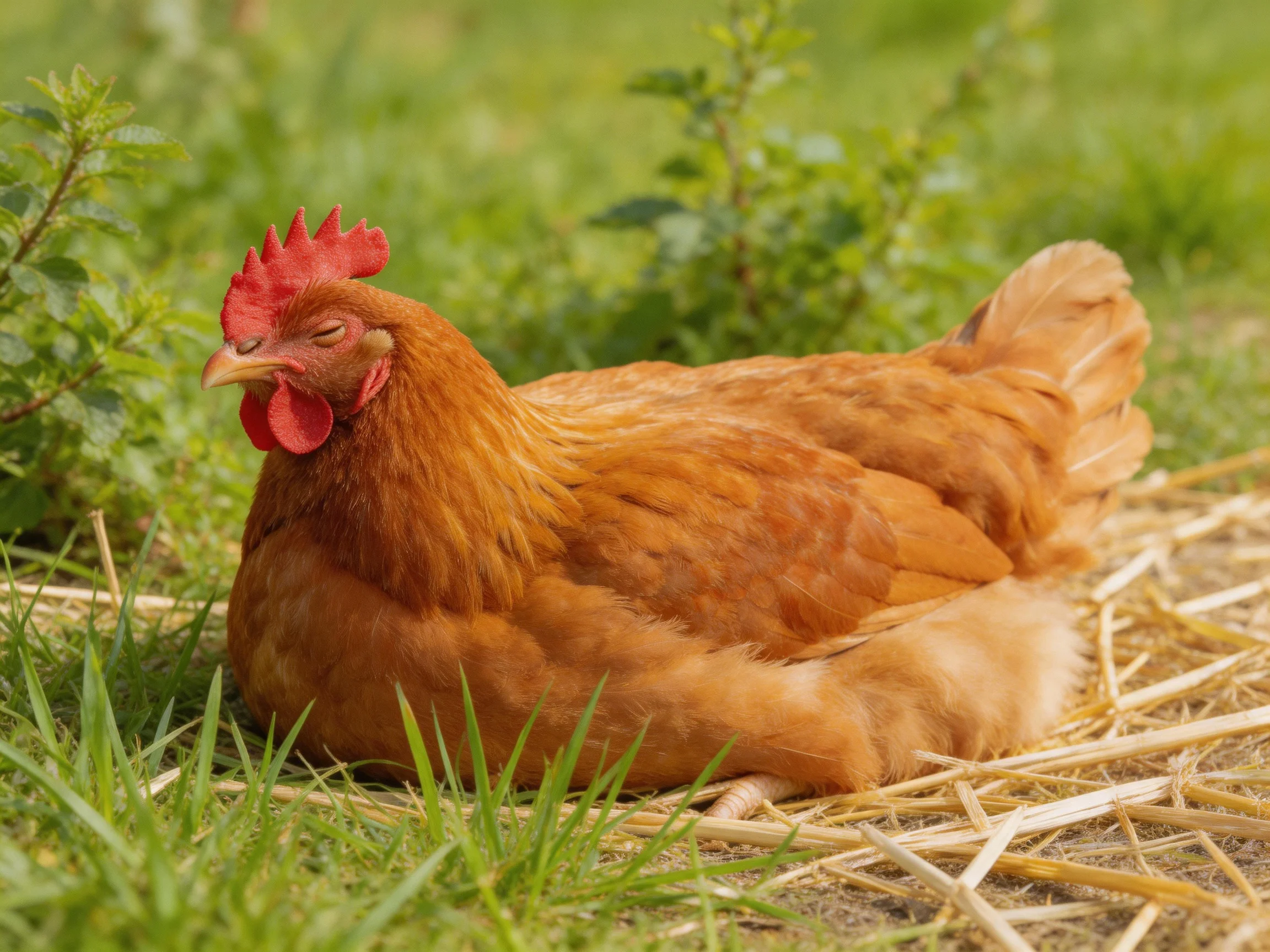 A reddish-brown hen resting on straw amid lush green foliage