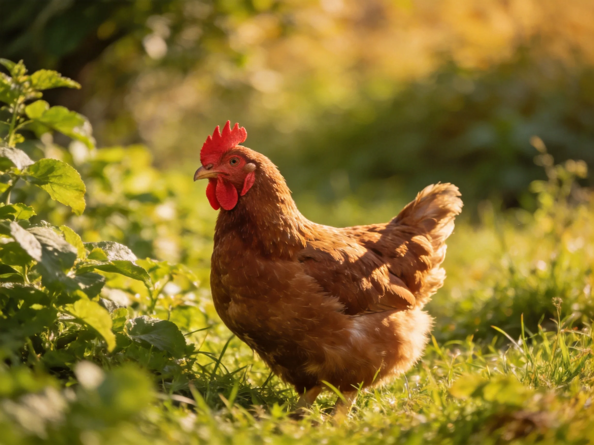 A reddish-brown hen roams through lush greenery bathed in golden sunlight