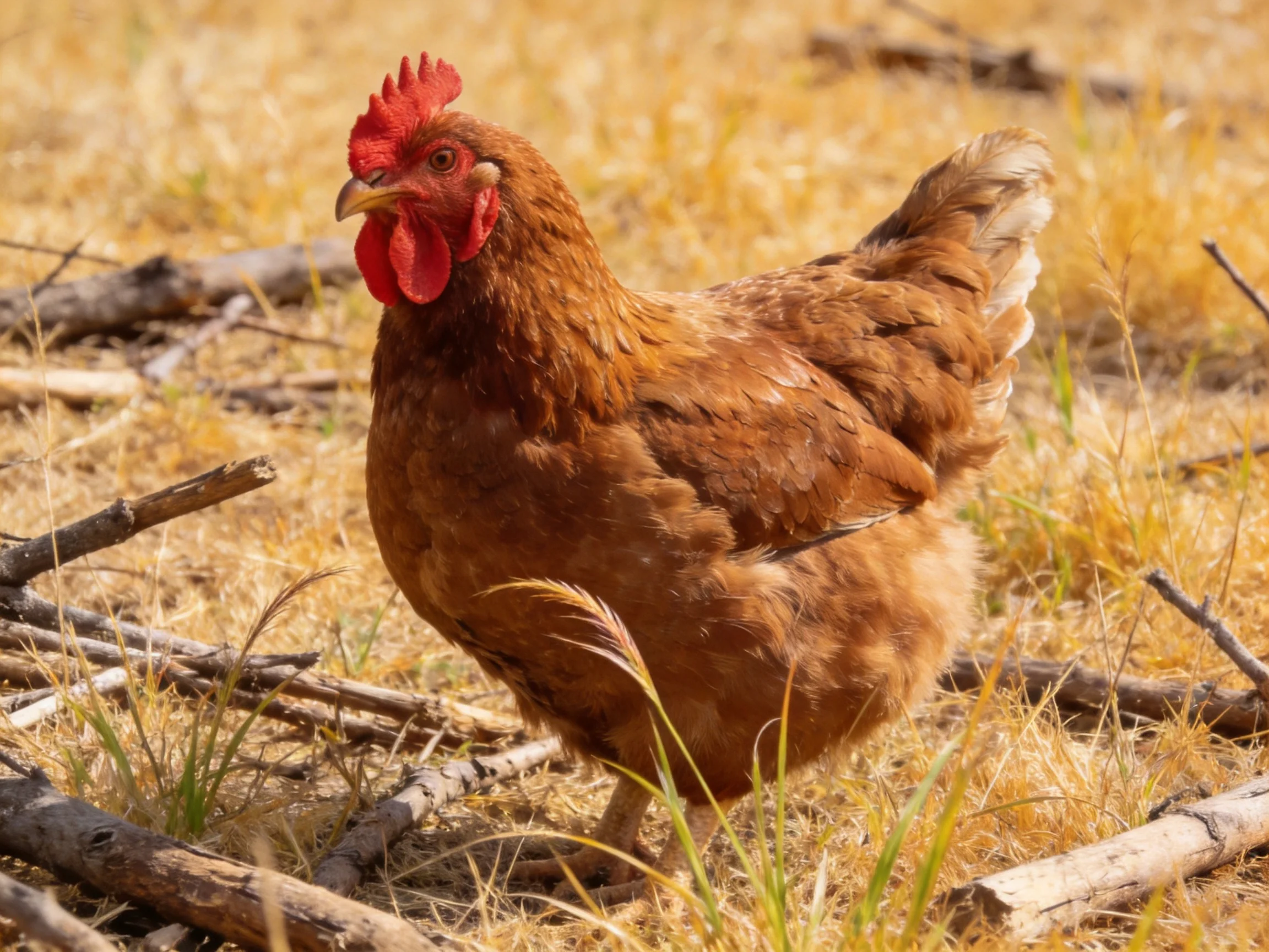 A reddish-brown hen stands amid dry grass and scattered twigs