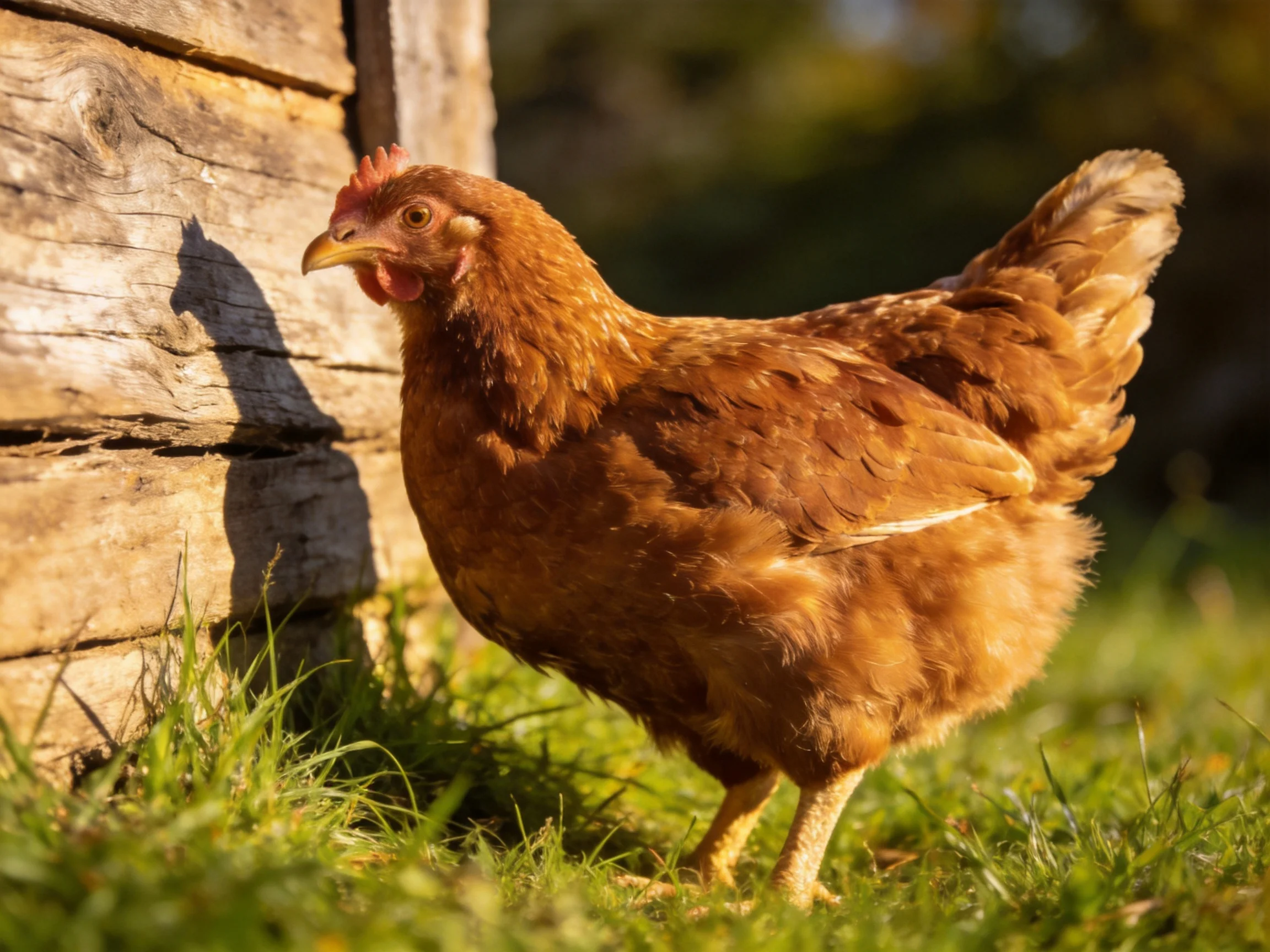 A reddish-brown hen stands beside an aged wooden wall on lush green grass