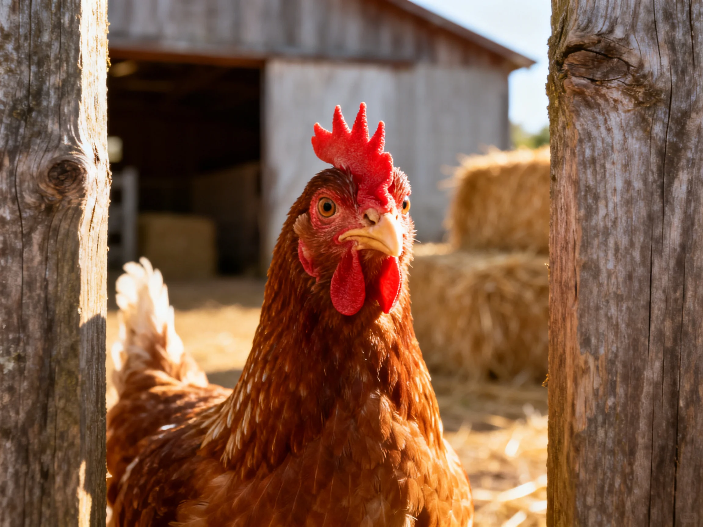 A reddish-brown hen stands between wooden posts near a barn with hay bales