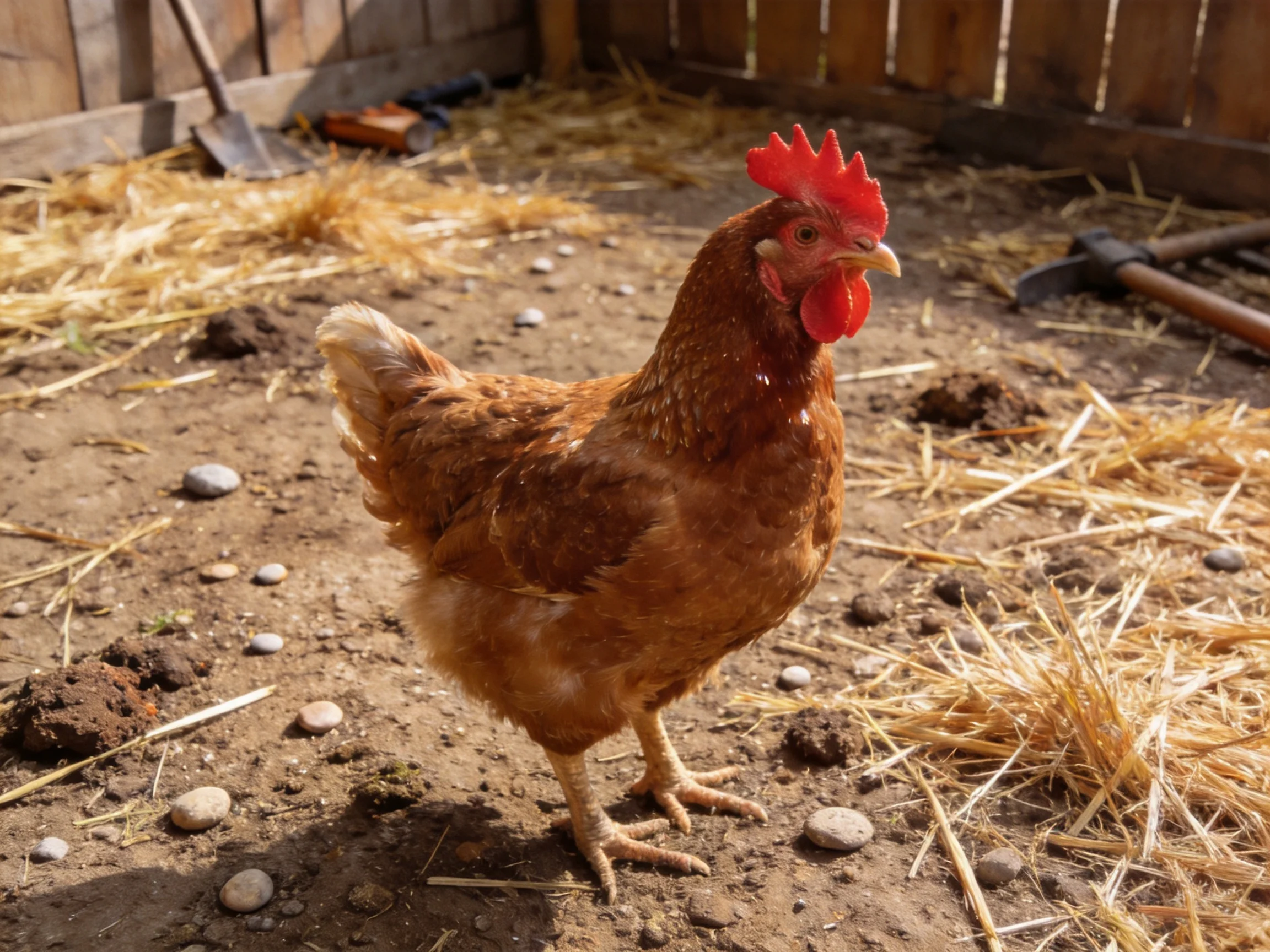 A reddish-brown hen stands in a straw-littered farm enclosure