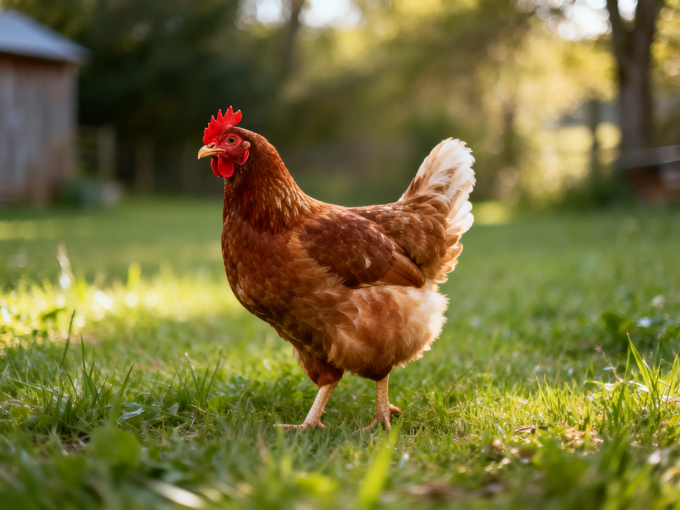 A reddish-brown hen stands on grass in a sunlit rural area.