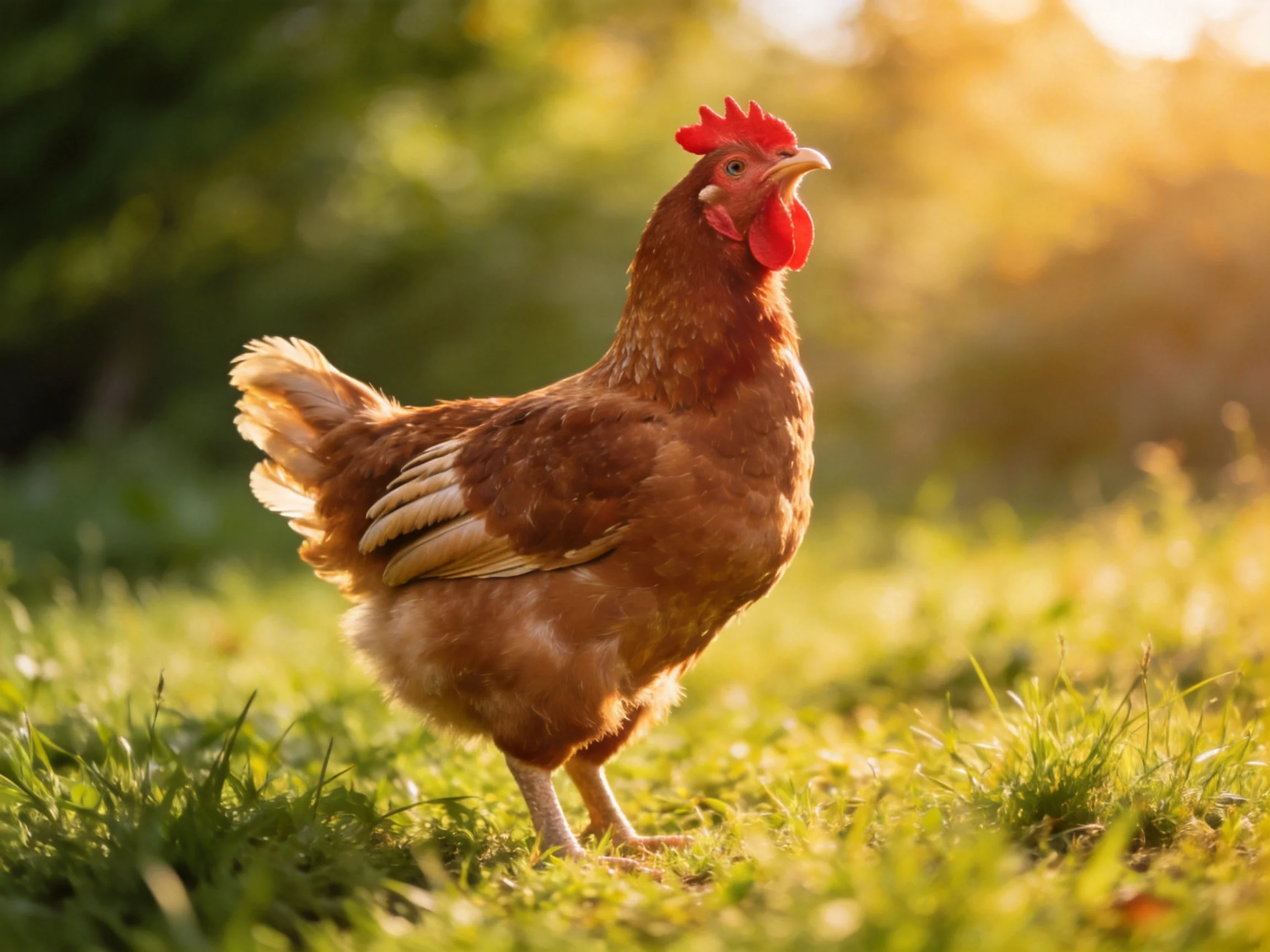 A reddish-brown hen stands on lush green grass in golden sunlight