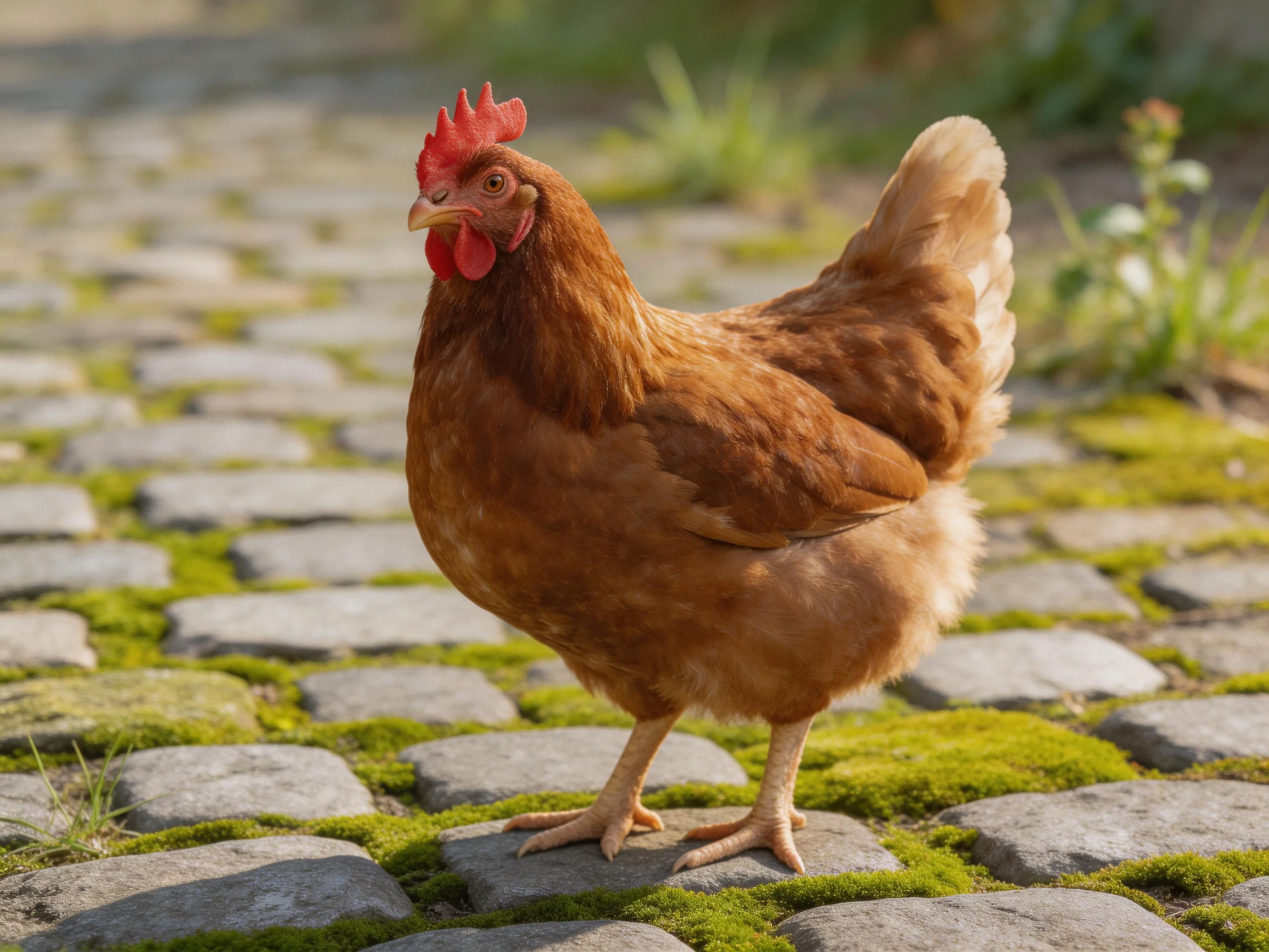 A reddish-brown hen stands on moss-covered cobblestone pavement