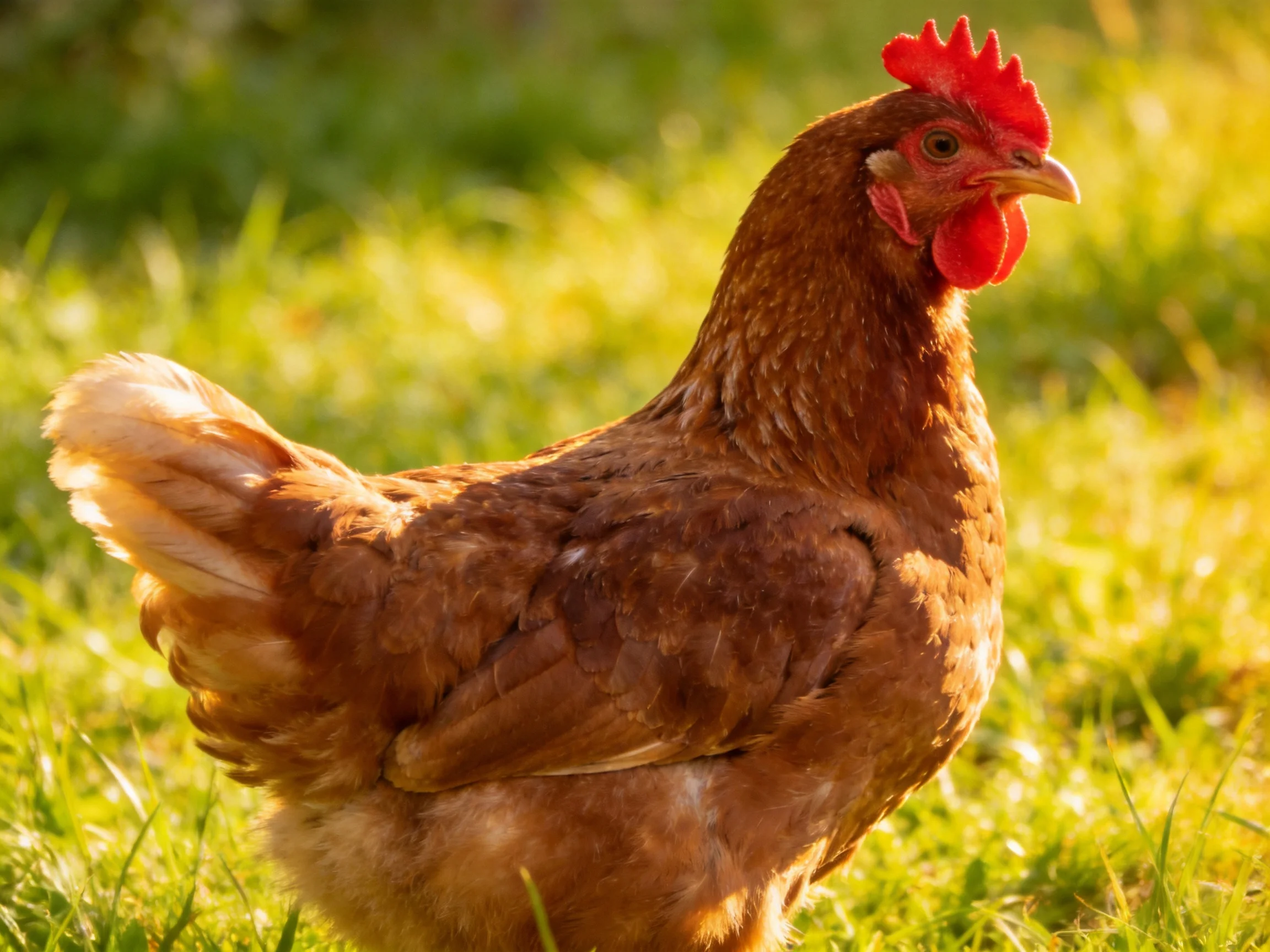 A reddish-brown hen stands on sunlit green grass with vibrant red comb