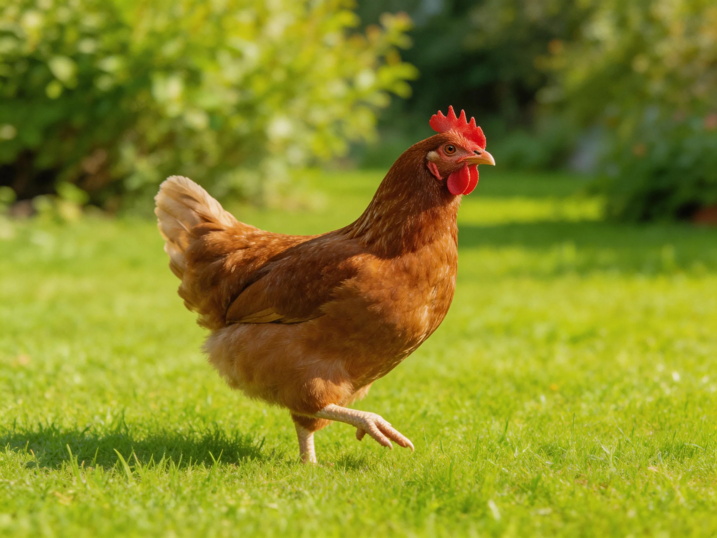 A reddish - brown hen walking on lush green grass in a sunlit garden