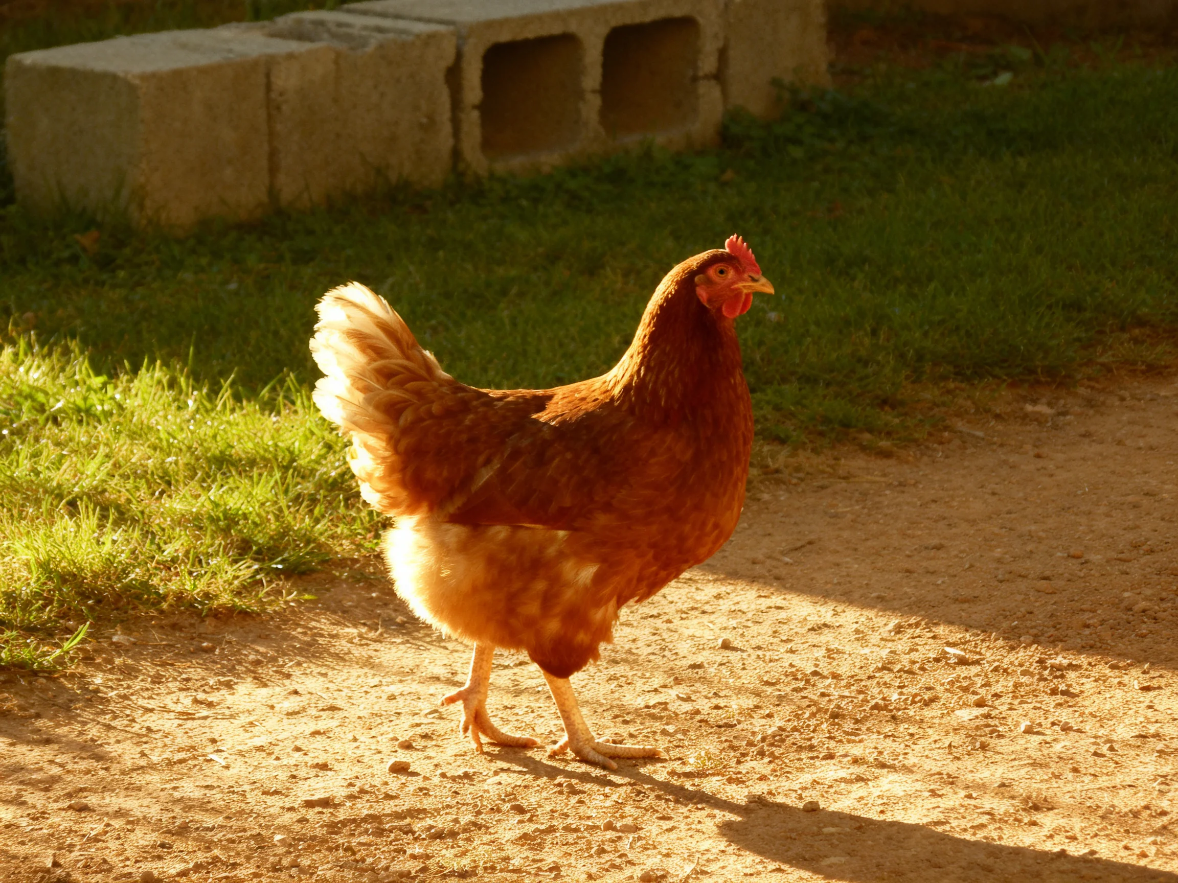 A reddish-brown hen walks along a sunlit dirt path near green grass
