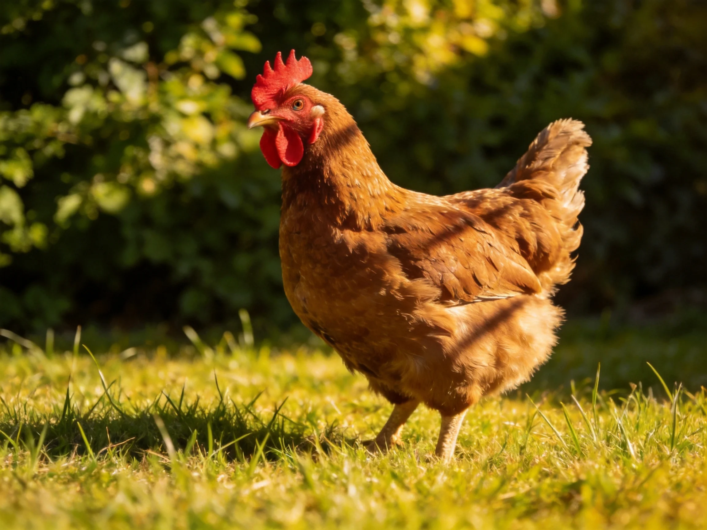 A reddish - brown hen walks on sunlit green grass near leafy bushes
