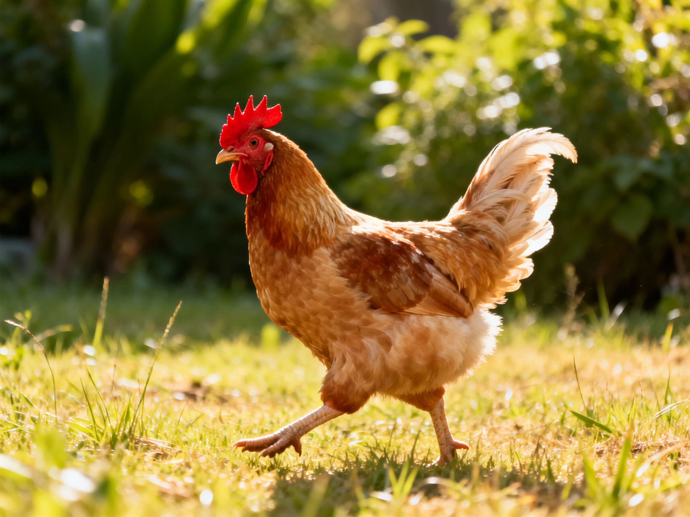 A reddish-brown hen walks through sunlit green grass with lush foliage