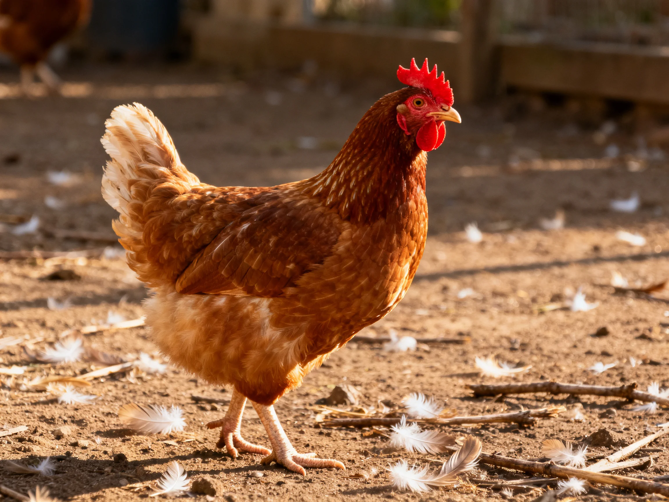 A reddish-brown hen with a red comb stands on dusty ground with feathers scattered