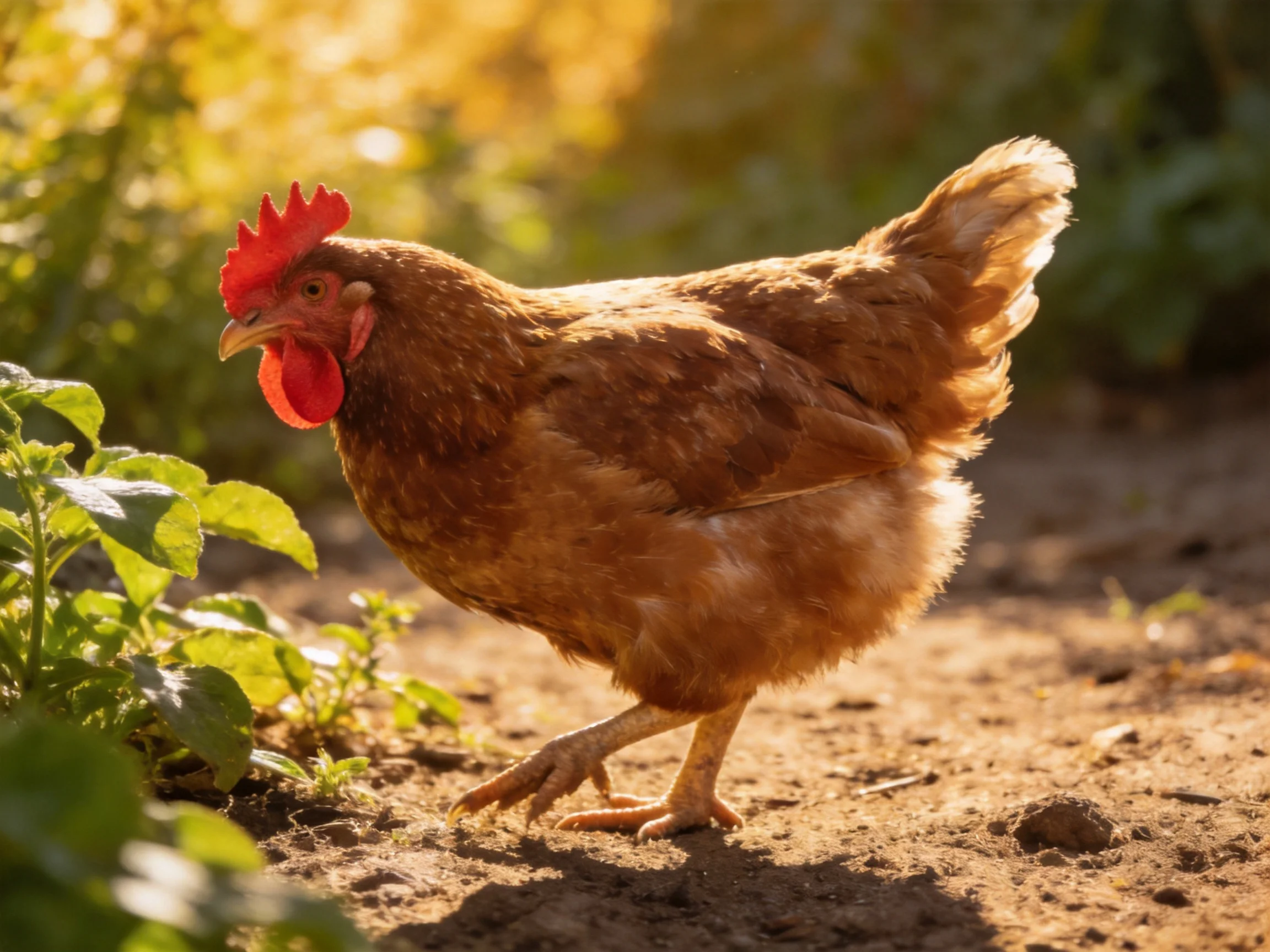 A reddish - brown hen with a red comb forages near green plants under golden sunlight