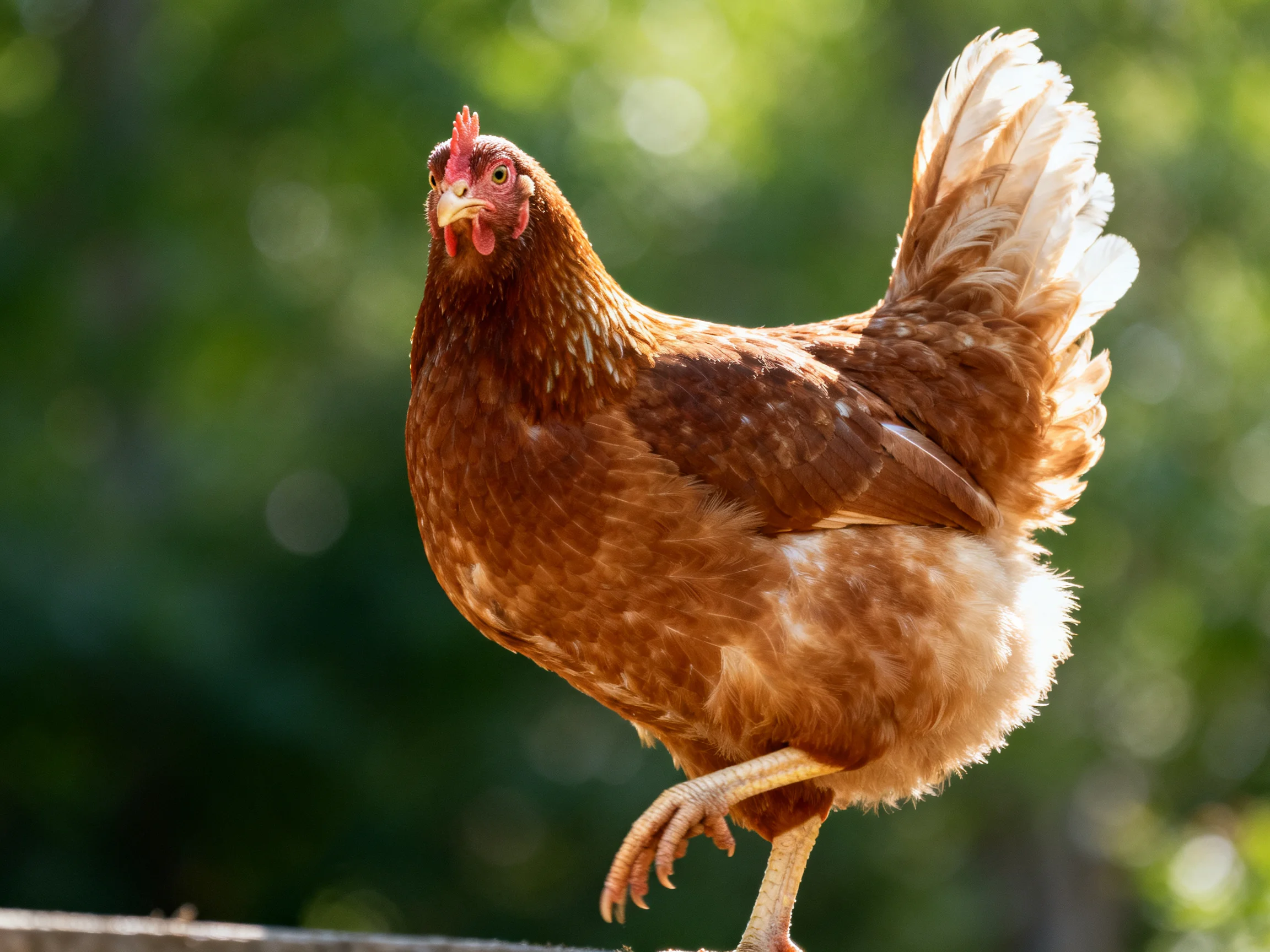 A reddish-brown hen with a red comb standing on a wooden structure