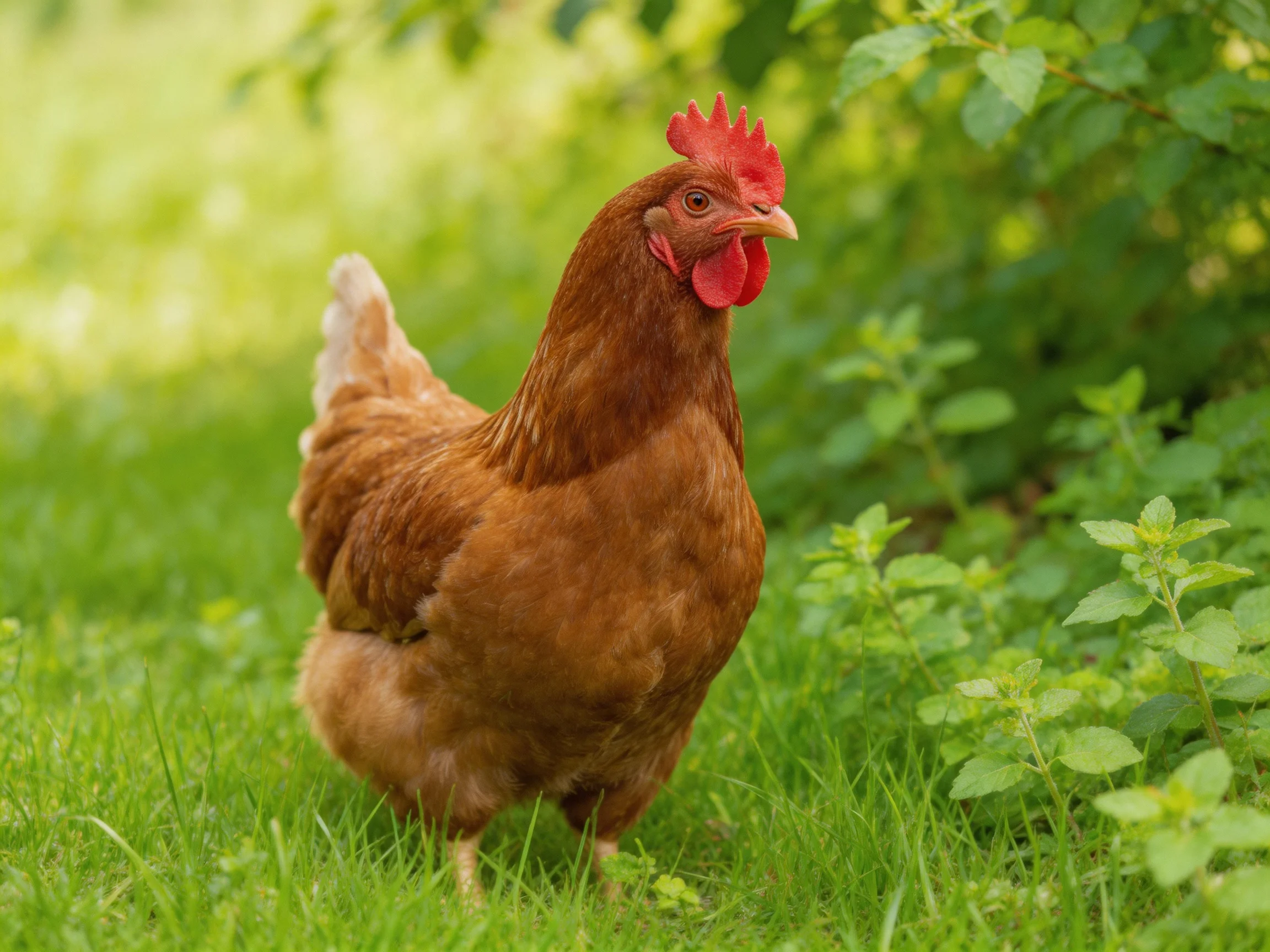 A reddish-brown hen with a red comb walks through lush green grass near leafy plants