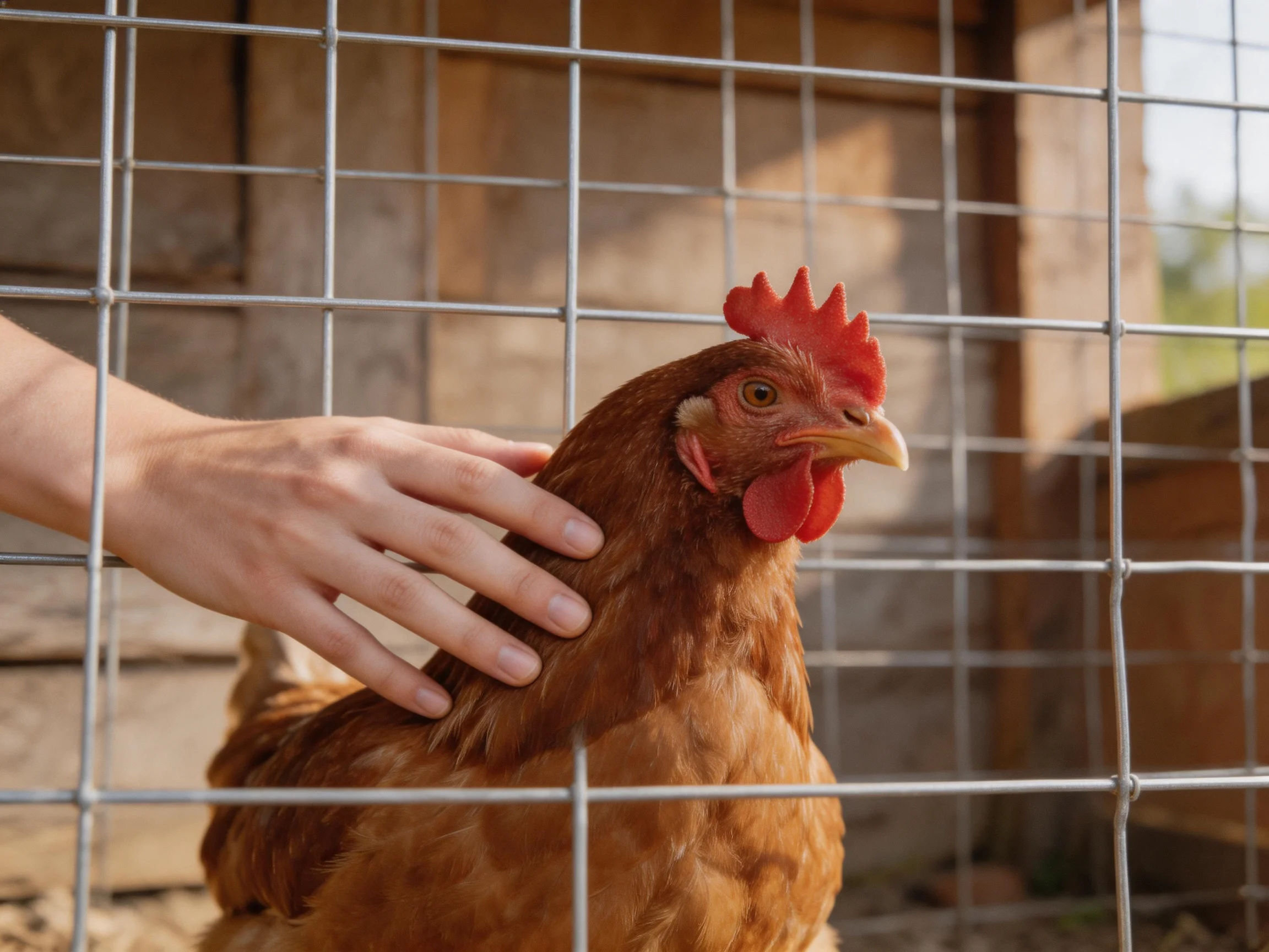 A reddish-brown hen with a vibrant red comb being petted through a metal grid enclosure.
