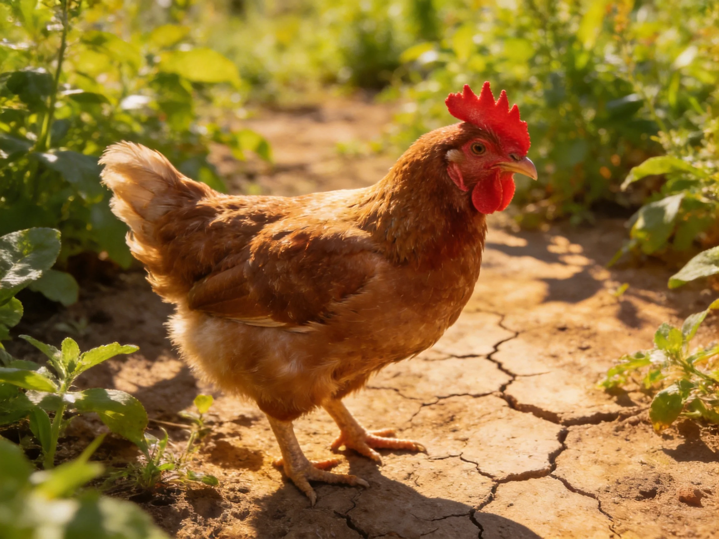 A reddish - brown hen with a vibrant red comb stands on cracked earth beside green foliage