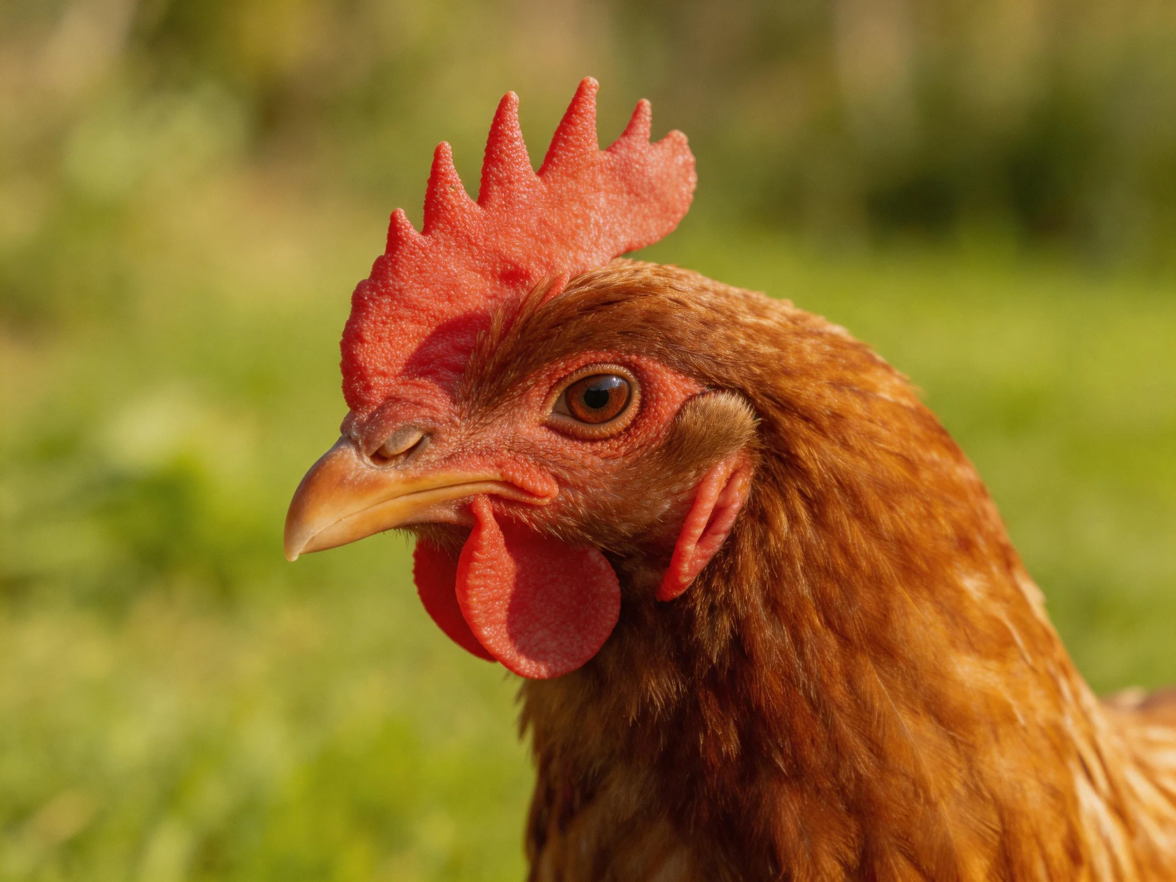 A reddish - brown hen with a vivid red comb and wattles in a green outdoor setting