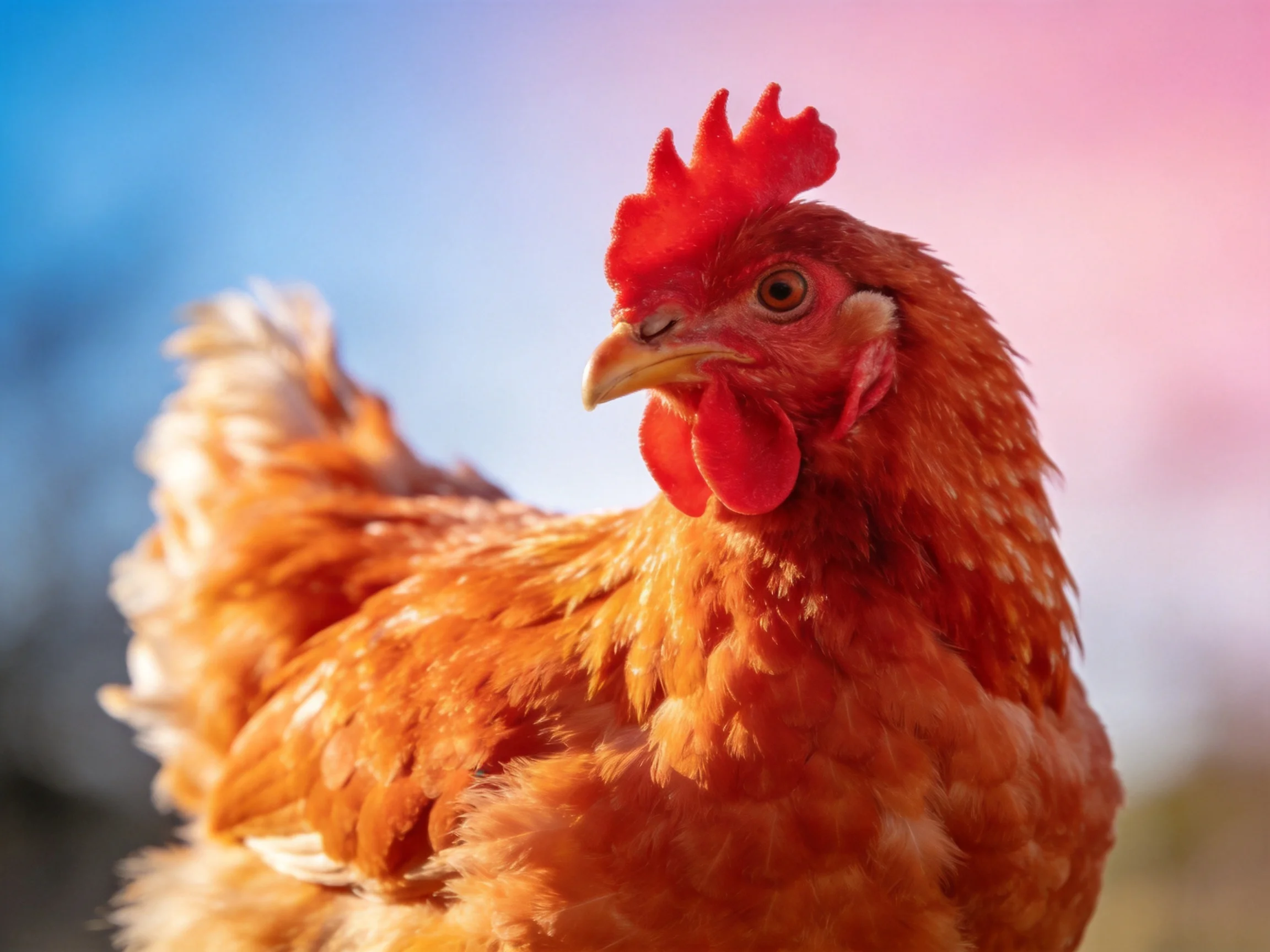 A reddish-brown hen with bright red comb and wattles