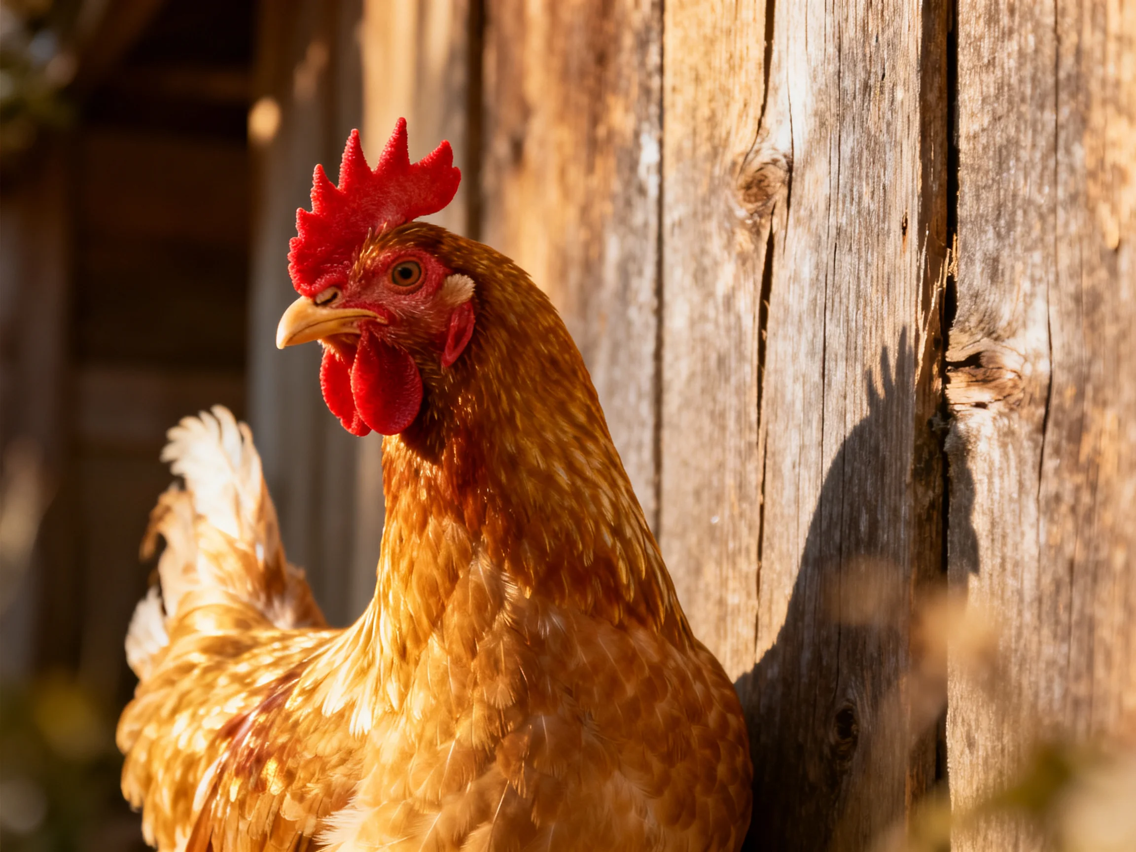 A reddish-brown hen with a bright red comb stands beside aged wooden walls.