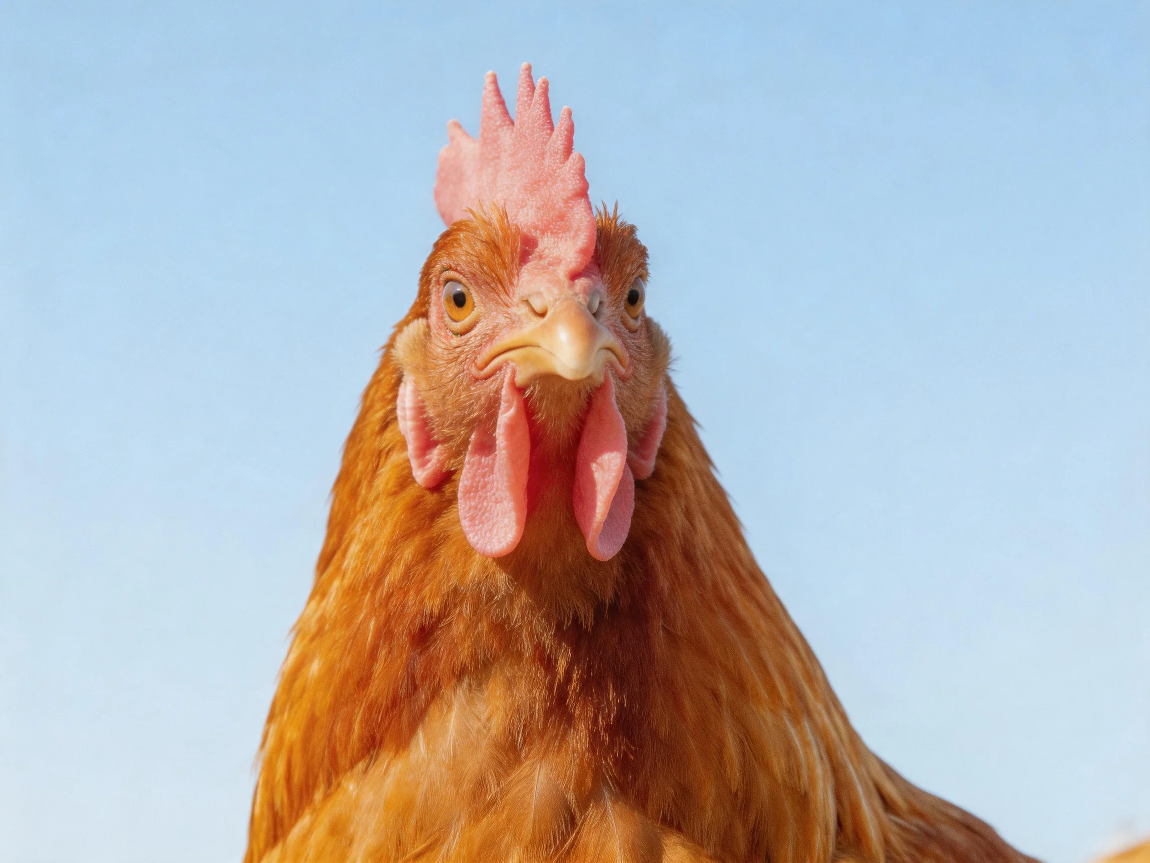 A reddish-brown hen with pink facial features stands against a clear blue sky.