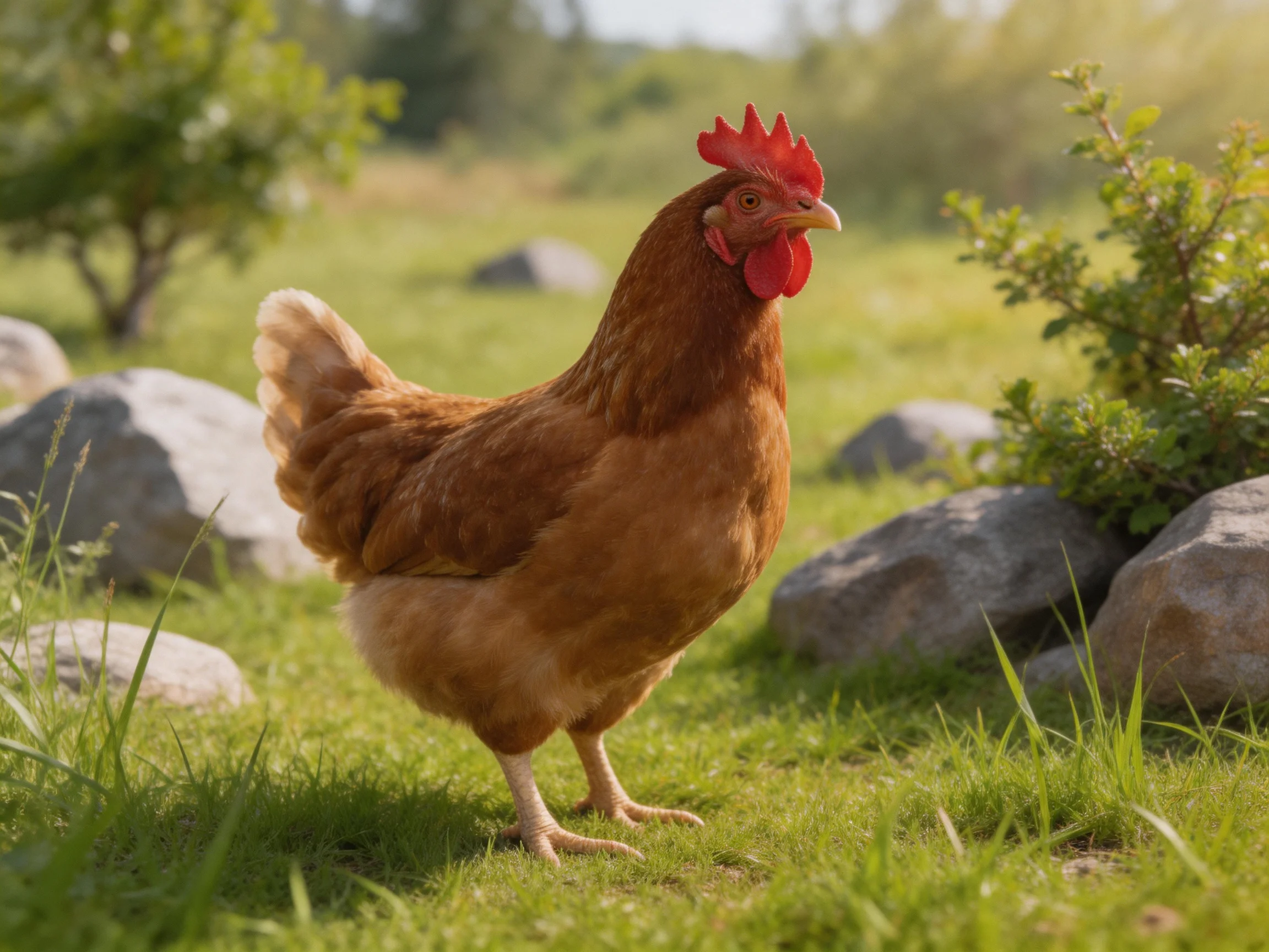 A reddish-brown hen stands on grass near rocks and shrubs
